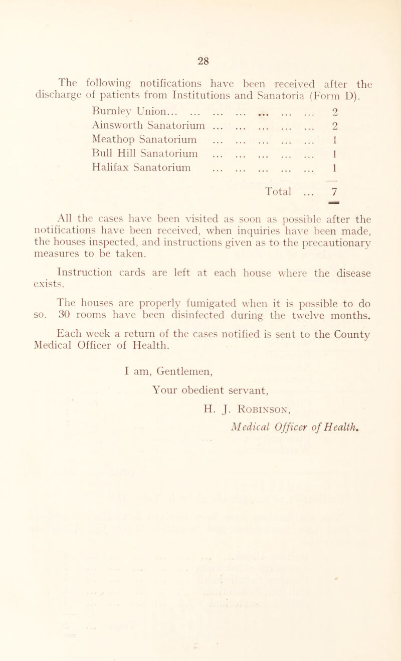 The following notifications have been received after the discharge of patients from Institutions and Sanatoria (Form D). Burnley Union Ainsworth Sanatorium ... Meathop Sanatorium Bull Hill Sanatorium Halifax Sanatorium 2 9 LU 1 1 1 Total ... 7 All the cases have been visited as soon as possible after the notifications have been received, when inquiries have been made, the houses inspected, and instructions given as to the precautionary measures to be taken. Instruction cards are left at each house where the disease exists. The houses are properly fumigated when it is possible to do so. 30 rooms have been disinfected during the twelve months. Each week a return of the cases notified is sent to the County Medical Officer of Health. I am, Gentlemen, Your obedient servant, H. J. Robinson, Medical Off icer of Health.