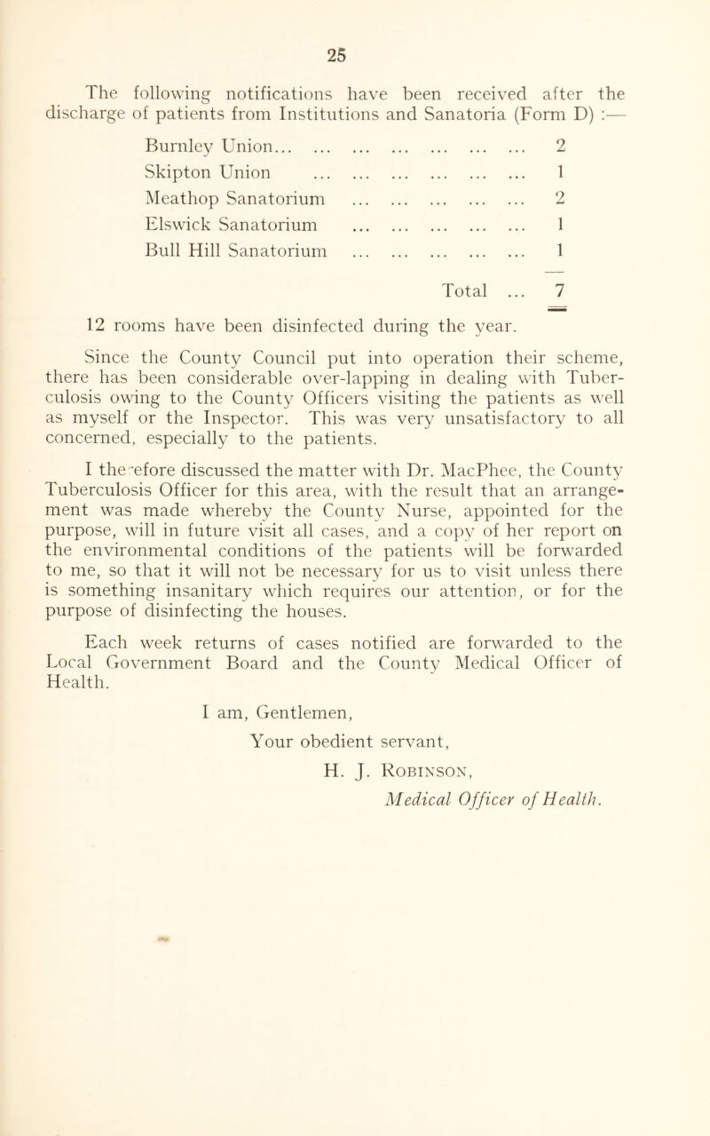 The following notifications have been received after the discharge of patients from Institutions and Sanatoria (Form D) :— Burnley Union Skipton Union Meathop Sanatorium Elswick Sanatorium Bull Hill Sanatorium Total 2 1 2 1 1 7 12 rooms have been disinfected during the year. Since the County Council put into operation their scheme, there has been considerable over-lapping in dealing with Tuber- culosis owing to the County Officers visiting the patients as well as myself or the Inspector. This was very unsatisfactory to all concerned, especially to the patients. I therefore discussed the matter with Dr. MacPhee, the County Tuberculosis Officer for this area, with the result that an arrange- ment was made whereby the County Nurse, appointed for the purpose, will in future visit all cases, and a copy of her report on the environmental conditions of the patients will be forwarded to me, so that it will not be necessary for us to visit unless there is something insanitary which requires our attention, or for the purpose of disinfecting the houses. Each week returns of cases notified are forwarded to the Local Government Board and the County Medical Officer of Health. I am, Gentlemen, Your obedient servant, H. J. Robinson,