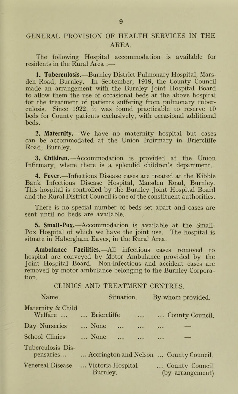 GENERAL PROVISION OF HEALTH SERVICES IN THE AREA. The following Hospital accommodation is available for residents in the Rural Area :— 1. Tuberculosis.—Burnley District Pulmonary Hospital, Mars- den Road, Burnley. In September, 1919, the County Council made an arrangement with the Burnley Joint Hospital Board to allow them the use of occasional beds at the above hospital for the treatment of patients suffering from pulmonary tuber- culosis. Since 1922, it was found practicable to reserve 10 beds for County patients exclusively, with occasional additional beds. 2. Maternity.—^We have no maternity hospital but cases can be accommodated at the Union Infirmary in Briercliffe Road, Burnley. 3. Children.—Accommodation is provided at the Union Infirmary, where there is a splendid children’s department. 4. Fever.—Infectious Disease cases are treated at the Kibble Bank Infectious Disease Hospital, Marsden Road, Burnley. This hospital is controlled by the Burnley Joint Hospital Board and the Rural District Council is one of the constituent authorities. There is no special number of beds set apart and cases are sent until no beds are available. 5. Small-Pox.—Accommodation is available at the Small- Pox Hospital of which we have the joint use. The hospital is situate in Habergham Eaves, in the Rural Area. Ambulance Facilities.—All infectious cases removed to hospital are conveyed by Motor Ambulance provided by the Joint Hospital Board. Non-infectious and accident cases are removed by motor ambulance belonging to the Burnley Corpora- tion. CLINICS AND TREATMENT CENTRES. Name. Maternity & Child Welfare ... Day Nurseries School Clinics Tuberculosis Dis- pensaries... Venereal Disease Situation. By whom provided. ... Briercliffe ... ... County Council. ... None ... ... ... — ... None ... ... ... — ... Accrington and Nelson ... County Council. ... Victoria Hospital ... County Council. Burnley. (by arrangement)