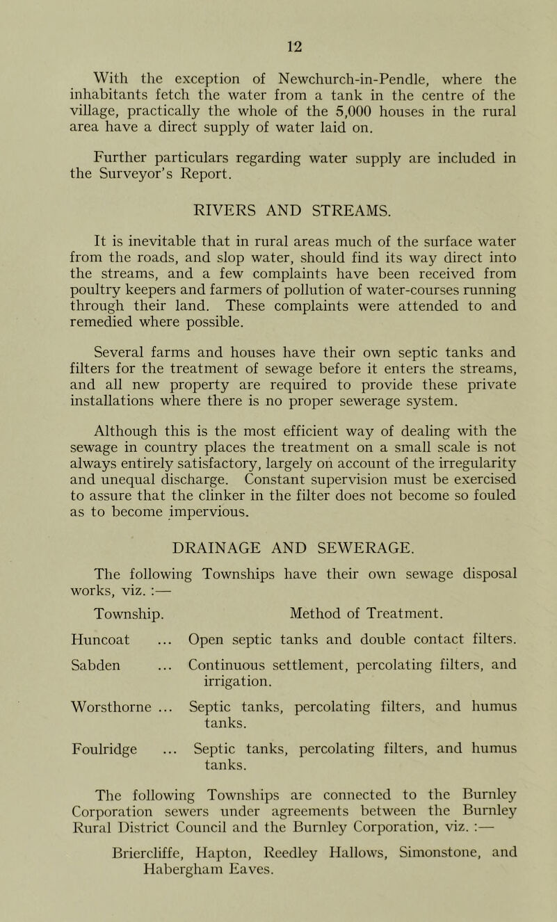 With the exception of Newchurch-in-Pendle, where the inhabitants fetch the water from a tank in the centre of the village, practically the whole of the 5,000 houses in the rural area have a direct supply of water laid on. Further particulars regarding water supply are included in the Surveyor’s Report. RIVERS AND STREAMS. It is inevitable that in rural areas much of the surface water from the roads, and slop water, should find its way direct into the streams, and a few complaints have been received from poultry keepers and farmers of pollution of water-courses running through their land. These complaints were attended to and remedied where possible. Several farms and houses have their own septic tanks and filters for the treatment of sewage before it enters the streams, and all new property are required to provide these private installations where there is no proper sewerage system. Although this is the most efficient way of dealing with the sewage in country places the treatment on a small scale is not always entirely satisfactory, largely on account of the irregularity and unequal discharge. Constant supervision must be exercised to assure that the clinker in the filter does not become so fouled as to become impervious. DRAINAGE AND SEWERAGE. The following Townships have their own sewage disposal works, viz. :— Township. Method of Treatment. Huncoat ... Open septic tanks and double contact filters. Sabden ... Contimious settlement, percolating filters, and irrigation. Worsthorne ... Septic tanks, percolating filters, and humus tanks. Foulridge Septic tanks, percolating filters, and humus tanks. The following Townships are connected to the Burnley Corporation sewers under agreements between the Burnley Rural District Council and the Burnley Corporation, viz. :— Briercliffe, Hapton, Reedley Hallows, Simonstone, and Habergham Eaves.
