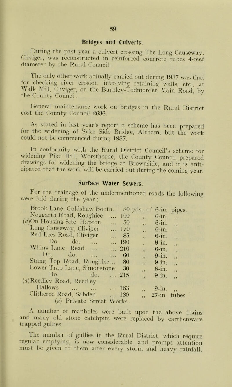 Bridges and Culverts. During the past year a cuhert crossing The Long Causeway, Cli\iger, was reconstructed in reinforced concrete tul)es 4-fe'et diameter by tlie Rund ('ouncil. Tlie only other work actually carried out during 1957 was that for checking river erosion, in\olving retaining walls, etc., at Walk :\Iill, Cliviger, on the Burnley-Todmorden Main Road’ by tlie County Counci.. (ieneral maintenance work on bridges in the Rural District cost the County Council .£656. As stated in last year’s report a scheme has been prepared for the widening of Syke Side Bridge, Altham, but the work could not be commenced during 1957. In conformity with the Rural District Council’s scheme for widening Pike Hill, MMr.sthorne. the County Council prepared drawings for widening the bridge at Brownside, and it is anti- cipated that the work will be carried out during the coming year. Surface Water Sewers. For the drainage of the undermentioned roads the following were laid during the year :— Brook Lane, Goldshaw Booth.. 8()-yd^ of 6-in. Xoggarth Road, Roughiee ... 100 ' ,, 6-in. (n)On Housing Site, Hapton 30 ,, 6-in. Long Causeway, Cliviger 170 ,, 6-in. Red T.ees Road, Cli\'iger 85 ,, 6-in. Do. do. 190 ,, 9-in. Whins T,ane, Read ... 210 ,. 6-in. Do. do. 60 ,, 9-in. Stang Top Road, Roughiee .. 80 ., 9-in. Lower Trap Lane, Simonstone 50 ,, 6-in. Do. clo. 215 ,, 9-in. ((7)Reedley Road, Reedley Hallows 165 ,, 9-in. Clitheroe Road, Sabden 150 „ 27-in. (a) Private Street Works. pipes. tubes A number of manholes were built upon the above drains and many old stone catchpits were replaced by earthenware trapped gullies. The number of gullies in the Rural District, which require regular emptying, is now considerable, and prompt attention must be given to them after every storm and hea^•y rainfall.