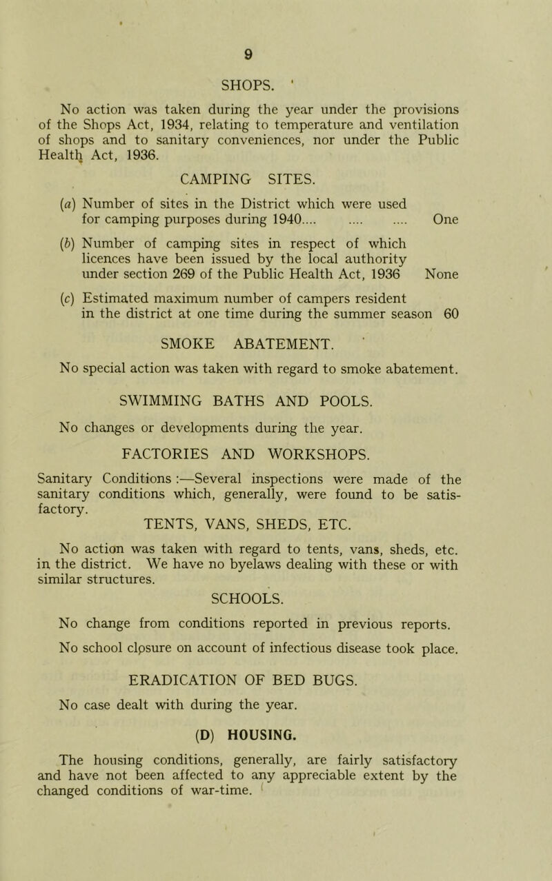 SHOPS. 1 No action was taken during the year under the provisions of the Shops Act, 1934, relating to temperature and ventilation of shops and to sanitary conveniences, nor under the Public Health Act, 1936. CAMPING SITES. (a) Number of sites in the District which were used for camping purposes during 1940.... One (b) Number of camping sites in respect of which licences have been issued by the local authority under section 269 of the Public Health Act, 1936 None (c) Estimated maximum number of campers resident in the district at one time during the summer season 60 SMOKE ABATEMENT. No special action was taken with regard to smoke abatement. SWIMMING BATHS AND POOLS. No changes or developments during the year. FACTORIES AND WORKSHOPS. Sanitary Conditions :—Several inspections were made of the sanitary conditions which, generally, were found to be satis- factory. TENTS, VANS, SHEDS, ETC. No action was taken with regard to tents, vans, sheds, etc. in the district. We have no byelaws dealing with these or with similar structures. SCHOOLS. No change from conditions reported in previous reports. No school clpsure on account of infectious disease took place. ERADICATION OF BED BUGS. No case dealt with during the year. (D) HOUSING. The housing conditions, generally, are fairly satisfactory and have not been affected to any appreciable extent by the changed conditions of war-time.