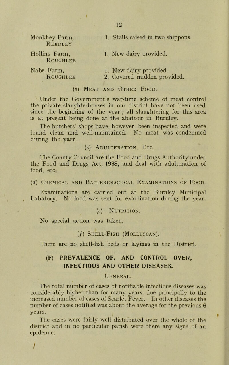 I 12 Monkhey Farm, 1. Stalls raised in two shippons. Reedley Hollins Farm, 1. New dairy provided. Roughlee Nabs Farm, 1. New dairy provided. Roughlee 2. Covered midden provided. (b) Meat and Other Food. Under the Government’s war-time scheme of meat control the private slaughterhouses in our district have not been used since the beginning of the year ; all slaughtering for this area is at present being done at the abattoir in Burnley. The butchers’ shops have, however, been inspected and were found clean and well-maintained. No meat was condemned during the yaer. (c) Adulteration, Etc. The County Council are the Food and Drugs Authority under the Focd and Drugs Act, 1938, and deal with adulteration of food, etc. (d) Chemical and Bacteriological Examinations of Food. Examinations are carried out at the Burnley Municipal Labatory. No focd was sent for examination during the year. (e) Nutrition. No special action was taken. (/) Shell-Fish (Molluscan). There are no shell-fish beds or layings in the District. (F) PREVALENCE OF, AND CONTROL OVER, INFECTIOUS AND OTHER DISEASES. General. The total number of cases of notifiable infectious diseases was considerably higher than for many years, due principally to the increased number of cases of Scarlet Fever. In other diseases the number of cases notified was about the average for the previous 6 years. ( The cases were fairly well distributed over the whole of the district and in no particular parish were there any signs of an epidemic. I