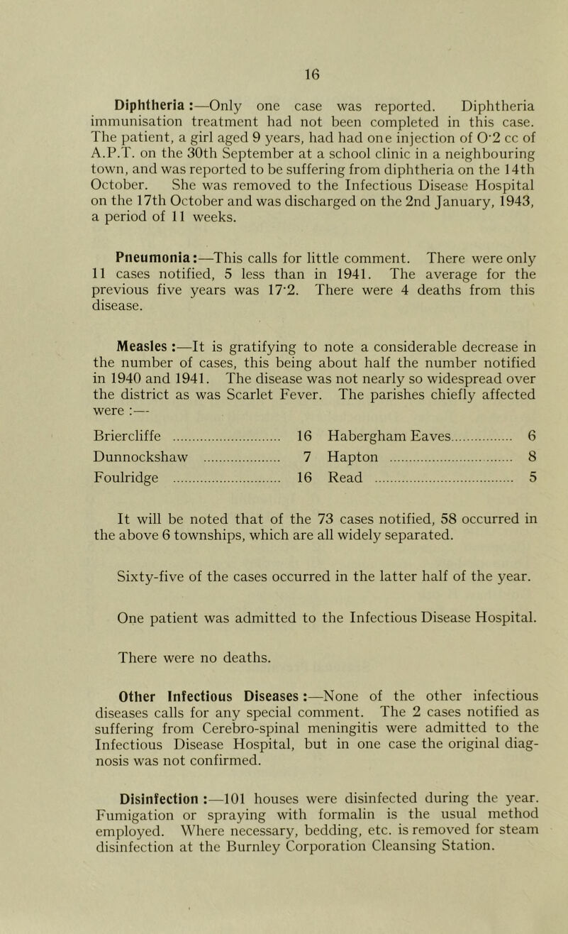 Diphtheria:—Only one case was reported. Diphtheria immunisation treatment had not been completed in this case. The patient, a girl aged 9 years, had had one injection of 0 2 cc of A.P.T. on the 30th September at a school clinic in a neighbouring town, and was reported to be suffering from diphtheria on the 14th October. She was removed to the Infectious Disease Hospital on the 17th October and was discharged on the 2nd January, 1943, a period of 11 weeks. Pneumonia:—^This calls for little comment. There were only 11 cases notified, 5 less than in 1941. The average for the previous five years was 17'2. There were 4 deaths from this disease. Measles :—It is gratifying to note a considerable decrease in the number of cases, this being about half the number notified in 1940 and 1941. The disease was not nearly so widespread over the district as was Scarlet Fever. The parishes chiefly affected were :— Briercliffe 16 Dunnockshaw 7 Foulridge 16 Habergham Eaves 6 Hapton 8 Read 5 It will be noted that of the 73 cases notified, 58 occurred in the above 6 townships, which are all widely separated. Sixty-five of the cases occurred in the latter half of the year. One patient was admitted to the Infectious Disease Hospital. There were no deaths. Other Infectious Diseases:—None of the other infectious diseases calls for any special comment. The 2 cases notified as suffering from Cerebro-spinal meningitis were admitted to the Infectious Disease Hospital, but in one case the original diag- nosis was not confirmed. Disinfection :—101 houses were disinfected during the year. Fumigation or spraying with formalin is the usual method employed. Where necessary, bedding, etc. is removed for steam disinfection at the Burnley Corporation Cleansing Station.