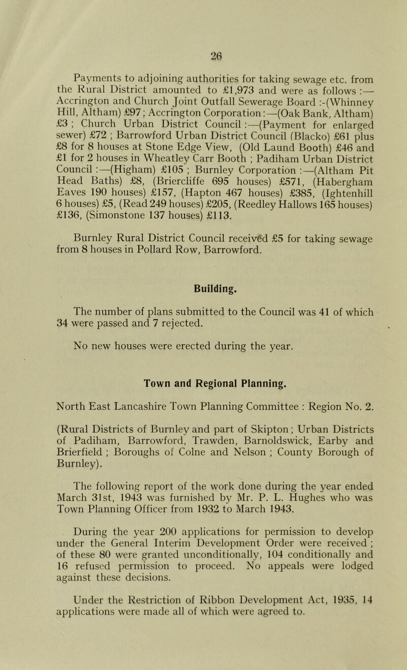 Payments to adjoining authorities for taking sewage etc. from the Rural District amounted to £1,973 and were as follows:— Accrington and Church Joint Outfall Sewerage Board ;-(\Vhinney Hill, Altham) £97; Accrington Corporation:—(Oak Bank, Altham) £3 : Church Urban District Council :—(Payment for enlarged sewer) .£72 ; Barrowford Urban District Council (Blacko) £61 plus £8 for 8 houses at Stone Edge View, (Old Laund Booth) £46 and £1 for 2 houses in Wheatley Carr Booth ; Padiham Urban District Council :—(Higham) £105 ; Burnley Corporation :—(Altham Pit Head Baths) .£8, (Briercliffe 695 houses) £571, (Habergham Eaves 190 houses) £157, (Hapton 467 houses) £385, (Ightenhill 6 houses) .£5, (Read 249 houses) £205, (Reedley Hallows 165 houses) £136, (Simonstone 137 houses) £113. Burnley Rural District Council received £5 for taking sewage from 8 houses in Pollard Row, Barrowford. Building. The number of plans submitted to the Council was 41 of which 34 were passed and 7 rejected. No new houses were erected during the year. Town and Regional Planning. North East Lancashire Town Planning Committee : Region No. 2. (Rural Districts of Burnley and part of Skipton; Urban Districts of Padiham, Barrowford, Trawden, Barnoldswick, Earby and Brierfield ; Boroughs of Colne and Nelson ; County Borough of Burnley). The following report of the work done during the year ended March 31st, 1943 was furnished by Mr. P. L. Hughes who was Town Planning Officer from 1932 to March 1943. During the year 200 applications for permission to develop under the General Interim Development Order were received ; of these 80 were granted unconditionally, 104 conditionally and 16 refused permission to proceed. No appeals were lodged against these decisions. Under the Restriction of Ribbon Development Act, 1935, 14 applications were made all of which were agreed to.