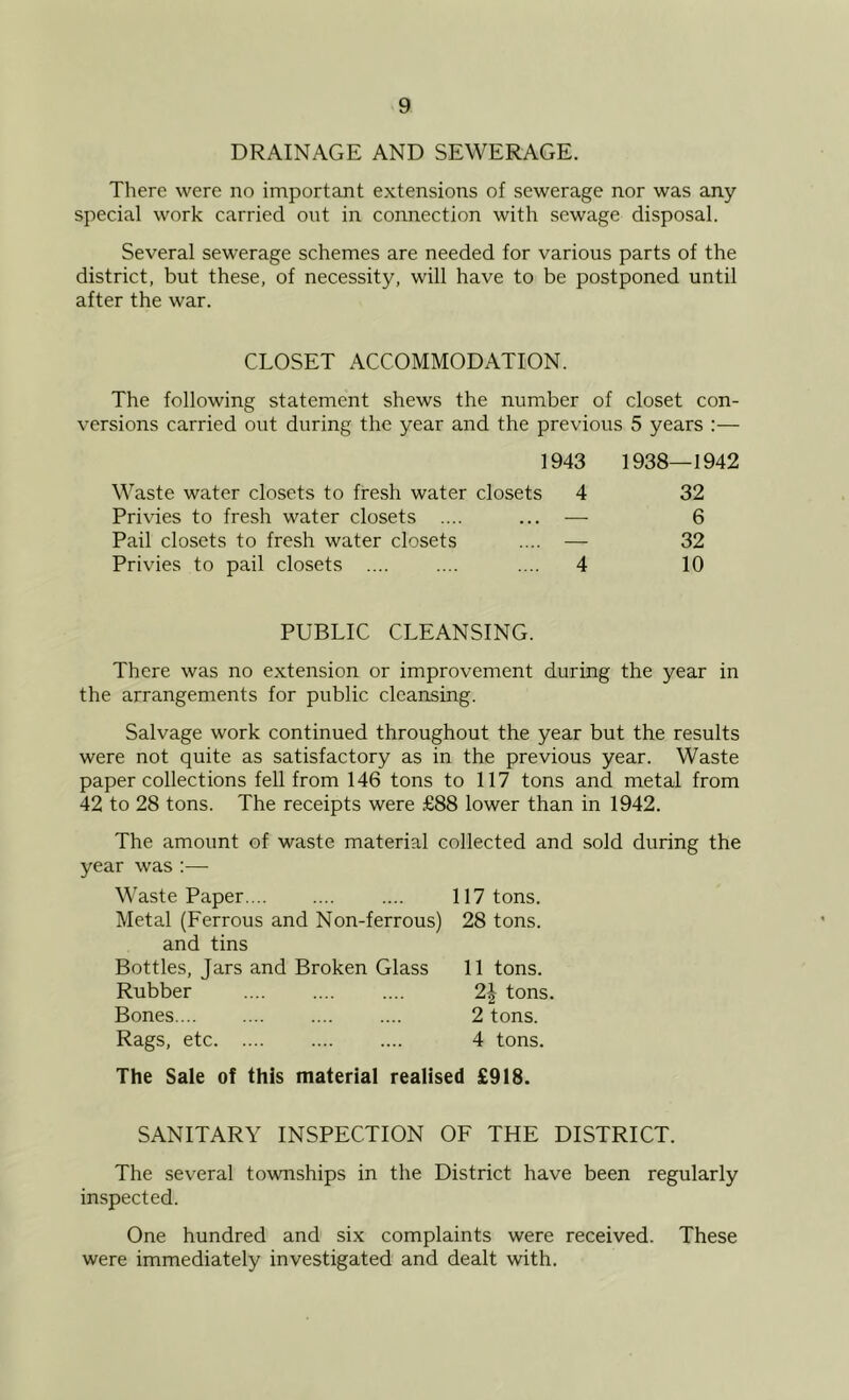 DRAINAGE AND SEWERAGE. There were no important extensions of sewerage nor was any special work carried out in connection with sewage disposal. Several sewerage schemes are needed for various parts of the district, but these, of necessity, will have to be postponed until after the war. CLOSET ACCOMMODATION. The following statement shews the number of closet con- versions carried out during the year and the previous 5 years :— 1943 1938—1942 Waste water closets to fresh water closets 4 32 Privies to fresh water closets .... ... — 6 Pail closets to fresh water closets .... — 32 Privies to pail closets .... 4 10 PUBLIC CLEANSING. There was no extension or improvement during the year in the arrangements for public cleansing. Salvage work continued throughout the year but the results were not quite as satisfactory as in the previous year. Waste paper collections fell from 146 tons to 117 tons and metal from 42 to 28 tons. The receipts were £88 lower than in 1942. The amount of waste material collected and sold during the year was :— Waste Paper 117 tons. Metal (Ferrous and Non-ferrous) 28 tons, and tins Bottles, Jars and Broken Glass 11 tons. Rubber 2J tons. Bones 2 tons. Rags, etc 4 tons. The Sale of this material realised £918. SANITARY INSPECTION OF THE DISTRICT. The several townships in the District have been regularly inspected. One hundred and six complaints were received. These were immediately investigated and dealt with.