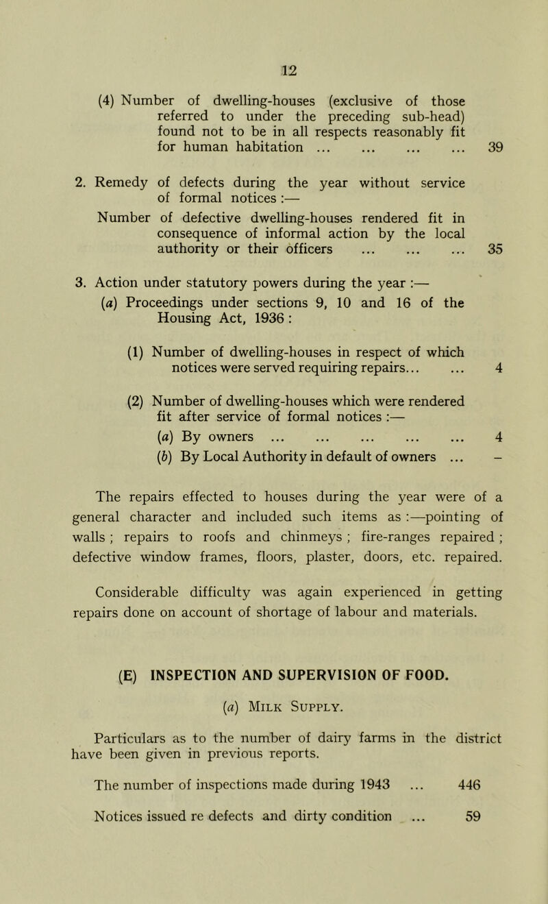 (4) Number of dwelling-houses (exclusive of those referred to under the preceding sub-head) found not to be in all respects reasonably fit for human habitation ... ... ... ... 39 2. Remedy of defects during the year without service of formal notices :— Number of defective dwelling-houses rendered fit in consequence of informal action by the local authority or their officers 35 3. Action under statutory powers during the year ;— (a) Proceedings under sections 9, 10 and 16 of the Housing Act, 1936: (1) Number of dwelling-houses in respect of which notices were served requiring repairs... ... 4 (2) Number of dwelling-houses which were rendered fit after service of formal notices :— (а) By owners ... ... ... ... ... 4 (б) By Local Authority in default of owners ... - The repairs effected to houses during the year were of a general character and included such items as ;—pointing of walls; repairs to roofs and chinmeys; fire-ranges repaired; defective window frames, floors, plaster, doors, etc. repaired. Considerable difficulty was again experienced in getting repairs done on account of shortage of labour and materials. (E) INSPECTION AND SUPERVISION OF FOOD. [a) Milk Supply. Particulars as to the number of dairy farms in the district have been given in previous reports. The number of inspections made during 1943 ... 446 Notices issued re defects and dirty condition ... 59