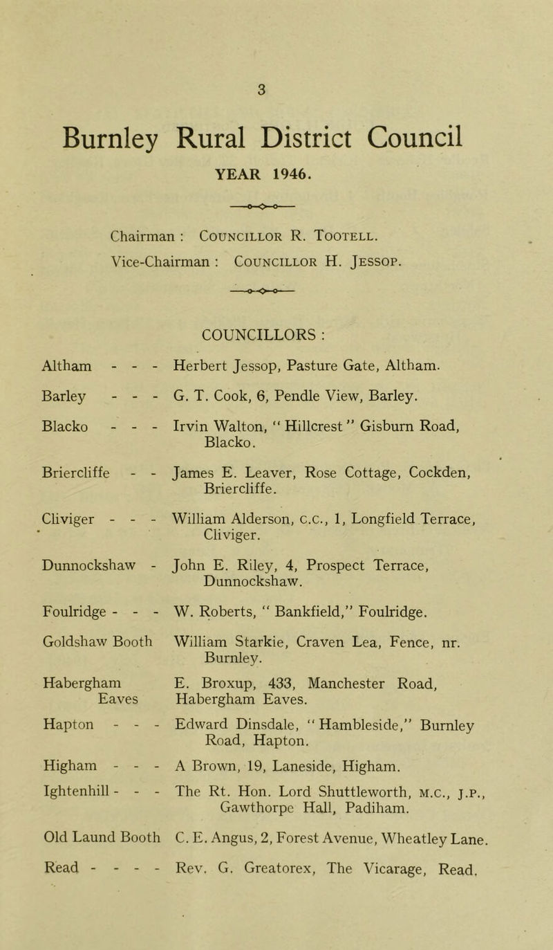 Burnley Rural District Council YEAR 1946. Chairman : Councillor R. Tootell. Vice-Chairman : Councillor H. Jessop. COUNCILLORS : Altham - - Barley - - Blacko - - Briercliffe Cliviger - - Dunnockshaw Foulridge - - Herbert Jessop, Pasture Gate, Altham. G. T. Cook, 6, Pendle View, Barley. Irvin Walton, “ Hillcrest” Gisburn Road, Blacko. James E. Leaver, Rose Cottage, Cockden, Briercliffe. William Alderson, c.c., 1, Longfield Terrace, Cliviger. John E. Riley, 4, Prospect Terrace, Dunnockshaw. W. Roberts,  Bankfield,” Foulridge. Goldshaw Booth Habergham Eaves Hapton - - - Higham - - - Ightenhill - - - William Starkie, Craven Lea, Fence, nr. Burnley. E. Broxup, 433, Manchester Road, Habergham Eaves. Edward Dinsdale, “ Hambleside,” Burnley Road, Hapton. A Brown, 19, Laneside, Higham. The Rt. Hon. Lord Shuttleworth, m.c., j.p., Gawthorpc Hall, Padiham. Old Laund Booth C. E. Angus, 2, Forest Avenue, Wheatley Lane. Read - - - - Rev. G. Greatorex, The Vicarage, Read.