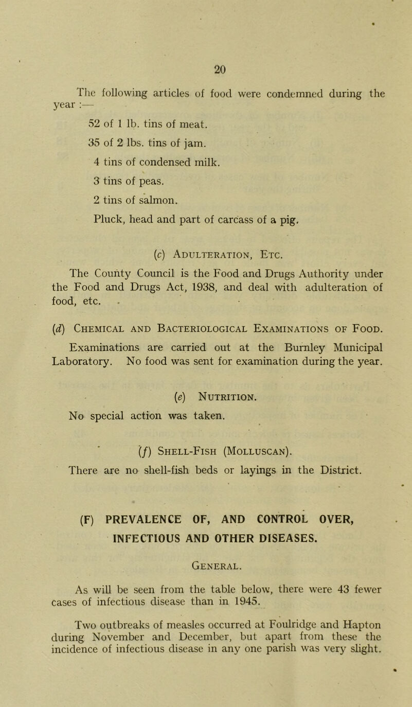 The following articles of food were condemned during the year 52 of 1 lb. tins of meat. 35 of 2 lbs. tins of jam. 4 tins of condensed milk. 3 tins of peas. 2 tins of salmon. Pluck, head and part of carcass of a pig, (c) Adulteration, Etc. The County Council is the Food and Drugs Authority under the Food and Drugs Act, 1938, and deal with adulteration of food, etc. {d) Chemical and Bacteriological Examinations of Food. Examinations are carried out at the Burnley Municipal Laboratory. No food was sent for examination during the year. {e) Nutrition. No special action was taken. If) Shell-Fish (Molluscan). There are no shell-fish beds or layings in the District. (F) PREVALENCE OF, AND CONTROL OVER, INFECTIOUS AND OTHER DISEASES. General. As will be seen from the table below, there were 43 fewer cases of infectious disease than in 1945. Two outbreaks of measles occurred at Foulridge and Hapton during November and December, but apart from these the incidence of infectious disease in any one parish was very slight.
