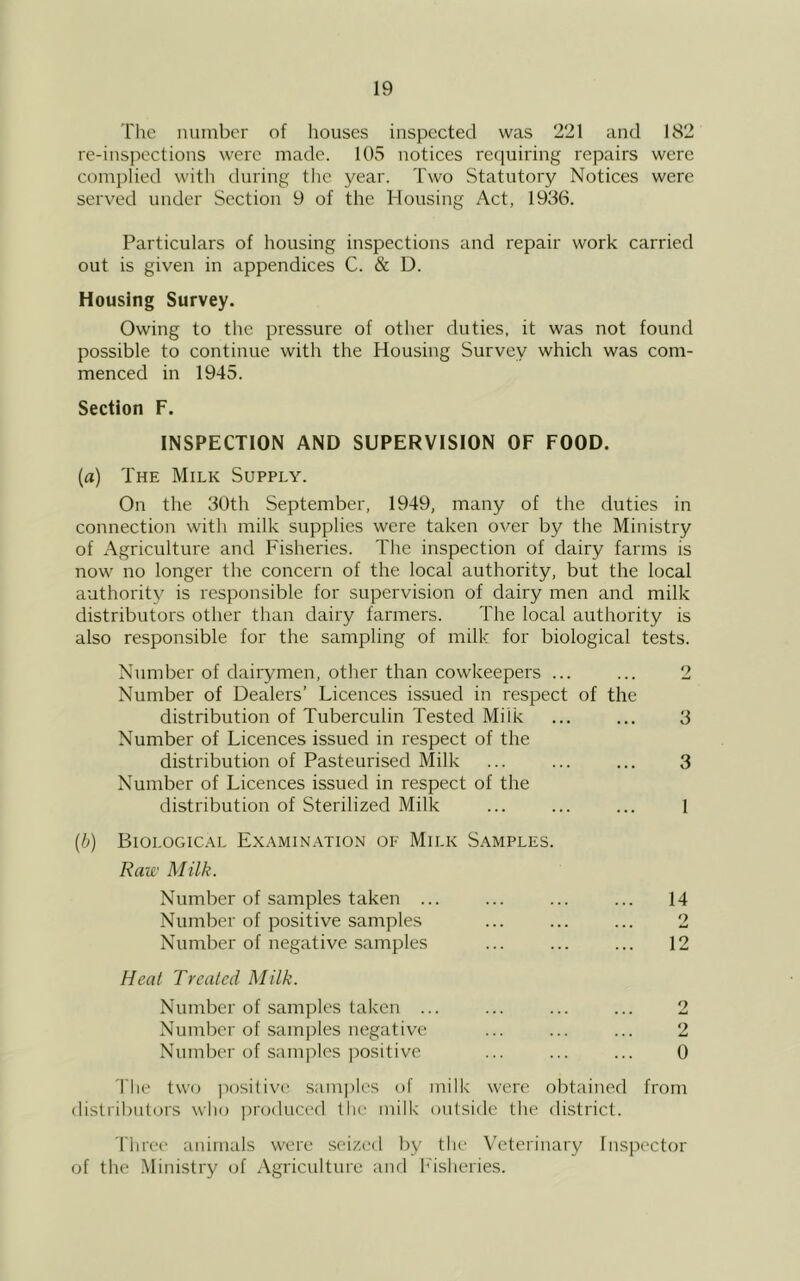 Tlic number of houses inspected was 221 and 182 re-inspections were made. 105 notices requiring repairs were complied with during the year. Two Statutory Notices were served under Section 9 of the Housing Act, 1936. Particulars of housing inspections and repair work carried out is given in appendices C. & D. Housing Survey. Owing to the pressure of other duties, it was not found possible to continue with the Housing Survey which was com- menced in 1945. Section F. INSPECTION AND SUPERVISION OF FOOD. (fl) The Milk Supply. On the 3Uth September, 1949, many of the duties in connection with milk supplies were taken over by the Ministry of Agriculture and Fisheries. The inspection of dairy farms is now no longer the concern of the local authority, but the local authority is responsible for supervision of dairy men and milk distributors other than dairy farmers. The local authority is also responsible for the sampling of milk for biological tests. Number of dairymen, other than cowkeepers ... ... 2 Number of Dealers’ Licences issued in respect of the distribution of Tuberculin Tested Milk ... ... 3 Number of Licences issued in respect of the distribution of Pasteurised Milk ... ... ... 3 Number of Licences issued in respect of the distribution of Sterilized Milk ... ... ... 1 {b) Biologic.'M. Ex.-mviin.vtion oe Milk Samples. Raw Milk. Number of samples taken ... ... ... ... 14 Number of positive samples ... ... ... 2 Number of negative samples ... ... ... 12 Heat Treated Milk. Number of samples taken ... ... ... ... 2 Number of samples negative ... ... ... 2 Number of samples ])ositive ... ... ... 0 'I'he two positive samples of milk were obtained from distributors who jiroduced tlie milk outside the district. riiree animals were seized by the Veterinary Inspector of the Ministry of Agriculture and h'isheries.