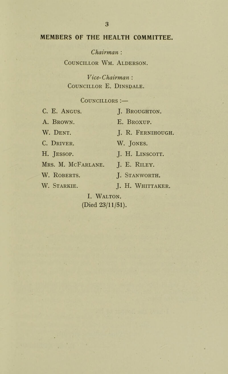 MEMBERS OF THE HEALTH COMMITTEE. Chairman : Councillor Wm. Alderson. Vice-Chairman : Councillor E. Dinsdale. Councillors :— C. E. Angus. A. Brown. W, Dent. J. Broughton. E. Broxup. J. R. Fernihough. W. Jones. J. H. Linscott. C. Driver. H. Jessop. Mrs. M. McFarlane. J. E. Riley. W. Roberts. W. Starkie. J. Stanworth. J. H. Whittaker. I. Walton. (Died 23/11/51).