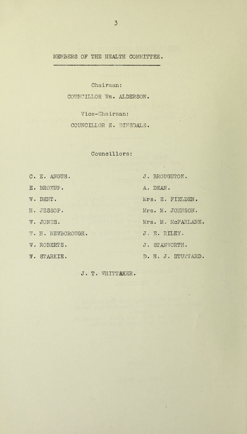 MEJ'IBERS OP THE HEALTH COMl'IITTEE. Chairman: COUNCILLOR ¥m. ALDERSON. Vice-Chairman; COUNCILLOR E. DINSDALE. Councillors; C. E. ANGUS. E. BROXUP. ¥. DENT. H. JESSOP. ¥. JONES. ¥. H. NETOOROUGH. ¥. ROBERTS. ¥. STARKIE. J. BROUGHTON. A. DEAN. Mrs. E. PIELDEN. Mrs. M. JOHNSON. Mrs. M. McPAI^.LANE J. E. RILEY. J. STAiPTORTH. D. H. J. 3TUTTARD J. T. V/HITTAKSR