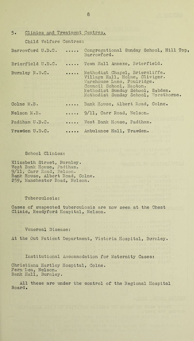 5• Clinics and Treatment Centres. Child Welfare Centres; Barrowford U.D.C Congregational Sunday School, Hill Top, Bar rov/f ord. Brierfield U.D.C Town Hall Annexe, Brierfield. Burnley R.D.C. Methodist Chapel, Briercliffe. Village Hall, Holme, Cliviger. Warehouse’ Lane, Poulridge, Council School, Hapton. Methodist Sunday School, Sahden. Methodist Sunday School, Worsthorne. Colne M.B. Bank House, Albert Road, Colne. Nelson M.B. ..... 9/11? Carr Road, Nelson. Padiham U.D.C. ..... West Bank House, Padiham. Trawden U.D.C. ..... Ambulance Hall, Trawden. School Clinics: Elizabeth Street, Burnley. West Bank House, Padiham. 9/11, Carr Road, Nelson. Bank House, Albert Road, Colne. 259? Manchester Road, Nelson. Tuberculosis: Cases of suspected tuberculosis are now seen at the Chest Clinic, Reedyford Hospital, Nelson. Venereal Disease: At the Out Patient Department, Victoria Hospital, Burnley. Institutional Accommodation for Maternity Cases; Christiana Hartley Hospital, Colne. Fern Lea, Nelson. Banlc Hall, Burnley. All these are under the control of the Regional Hospital Board,