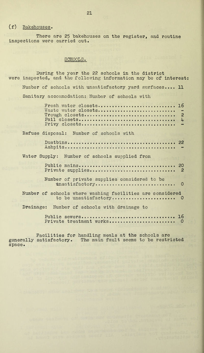 (f) Bakehouses* There are 25 bakehouses on the register, and routine inspections were carried out. SCHOOLS. During the year the 22 schools in the district were inspected, and the following information may be of interest Number of schools with unsatisfactory yard surfaces.... 11 Sanitary accommodation: Number of schools v/ith Fresh water closets l6 Y/aste water closets Trough closets 2 Pail closets * 4 Privy closets * - Refuse disposal: Number of schools with Dustbins 22 Ashpits VYater Supply: Number of schools supplied from Public mains 20 Private supplies..... 2 Number of private supplies considered to be unsatisfactory 0 Number of schools where washing facilities are considered to be unsatisfactory 0 Drainage: Number of schools with drainage to Public sewers 16 Private treatment works 0 Facilities for handling meals at the schools are generally satisfactory. The main fault seems to be restricted space.