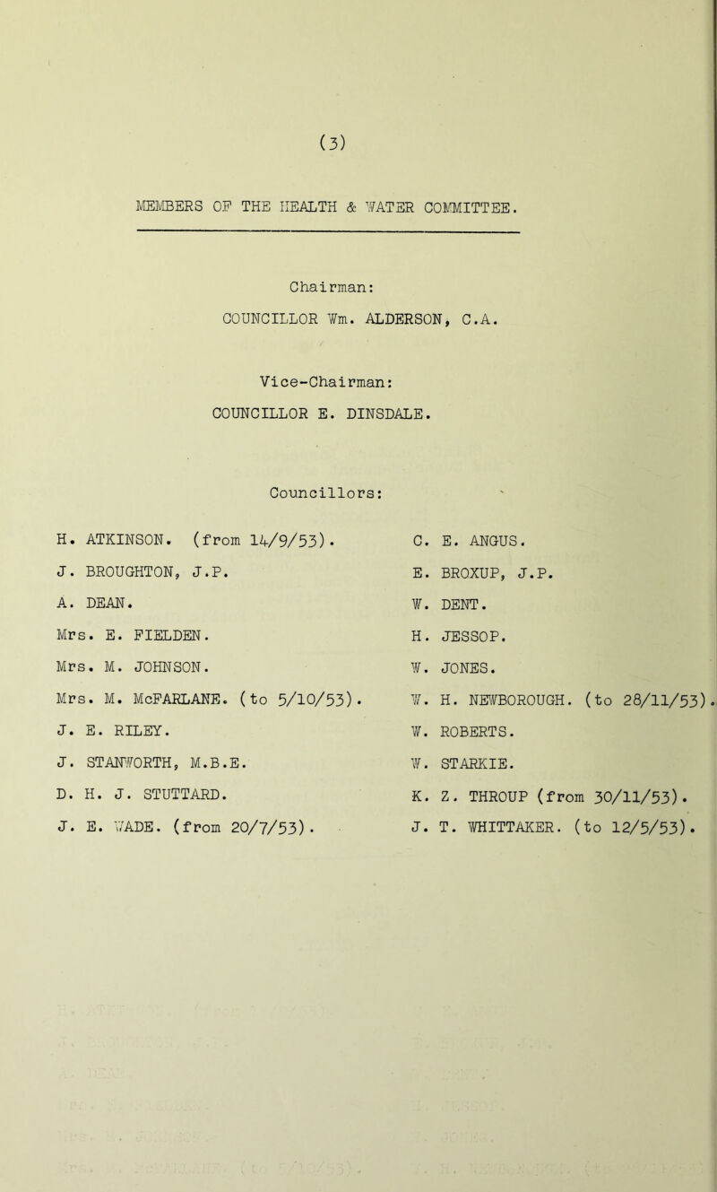 MEl/IBERS OP THE HEALTH & ¥ATER COH^ITTEE. Chairman: COUNCILLOR ¥m. ALDERSON, C.A. Vice-Chairman: COUNCILLOR E. DINSDALE. Councillors: H. ATKINSON. (from 14/9/53). J. BROUGHTON, J.P. A. DEAN. Mrs. E. PIELDEN. Mrs. M. JOHNSON. Mrs. M. McPARLANE. (to 5/10/53). J. E. RILEY. J. STAFfORTH, M.B.E. D. H. J. STUTTARD. J. E. V/ADE. (from 20/7/53). C. E. ANGUS. E. BROXUP, J.P. W. DENT. H. JESSOP. ¥. JONES. ¥. H. NE\TOROUGH. (to 28/11/53) ¥. ROBERTS. ¥. STARKIE. K. Z. THROUP (from 30/11/53). J. T. Y/HITTAKER. (to 12/5/53).