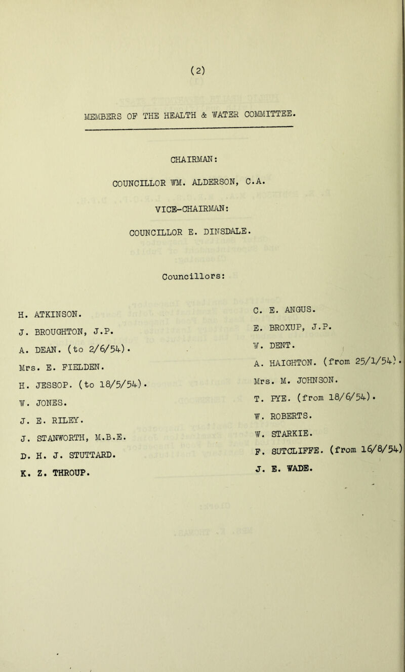 MEMBERS OP THE HEALTH & WATER COIVIMITTEE. CHAIRMAN: COUNCILLOR WM. ALDERSON, C.A. VICE-CHAIRMAN: COUNCILLOR E. DINSDALE. Councillors: H. ATKINSON. J. BROUGHTON, J.P. A. DEAN, (to 2/6/54). Mrs. E. PIELDEN. H. JESSOP. (to 18/5/54) W. JONES. J• E• RILEY• J. STANWORTH, M.B.E. D. H. J. STUTTARD. K. Z. THROUP. C. E. ANGUS. E. BROXUP, J.P. ¥. DENT. A. HAIGHTON. (from 25/1/54). Mrs. M. JOHNSON. T. PYE. (from 18/6/54). W. ROBERTS. W. STARKIE. p. SUTCLIFFE, (from 16/8/54) J. E. WADE.