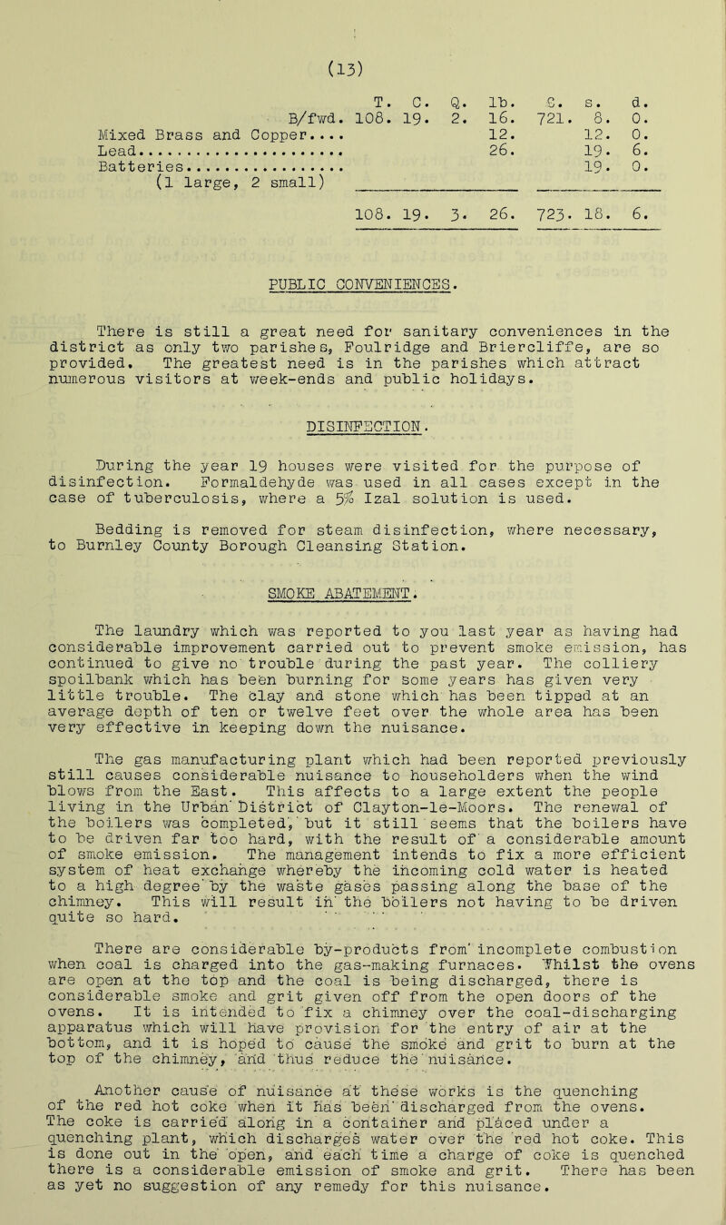 T. C. Q. lb. £. s. d. B/fwd. 108. 19. 2. 16. 721. 8. 0. Mixed Brass and Copper,... 12. 12. 0. Lead 26. 19. 6. Batteries....... 2 small) 19. 0. (l large, 108. 19. 3. 26. 723. 18. 6. PUBLIC CONVENIENCES. There is still a great need for sanitary conveniences in the district as only two parishes, Ponlridge and Briercliffe, are so provided. The greatest need is in the parishes which attract ninneroias visitors at v/eek-ends and public holidays. DISINFECTION. During the year 19 houses were visited for^ the purpose of disinfection. Formaldehyde was- used in all cases except in the case of tuberculosis, v/here a 5% Izal solution is used. Bedding is removed for steam disinfection, where necessary, to Burnley County Borough Cleansing Station. SMOKE ABATEMENT. The laundry which was reported to you last year as having had considerable improvement carried out to prevent smoke eraission, has continued to give no’trouble'during the past year. The colliery spoilbank which has been burning for some years has given very little trouble. The clay and stone which’ has been tipped at an average depth of ten or twelve feet over the whole area has been very effective in keeping down the nuisance. The gas manufacturing plant which had been reported previously still causes considerable nuisance to householders when the v/ind blows from the East. This affects to a large extent the people living in the Urban' District of Clayton-le~Moors. The renev/al of the boilers was completed,' but it still seems that the boilers have to be driven far too hard, with the result of a considerable amount of smoke emission. The management intends to fix a more efficient system of heat exchange whereby the incoming cold water is heated to a high degree’by' the waste gases passing along the base of the chimney. This will result in' the boilers not having to be driven quite so hard. There are considerable by-products from' incomplete combustion when coal is charged into the gas-making furnaces. Thilst the ovens are open at the top and the coal is being discharged, there is considerable smoke and grit given off from the open doors of the ovens. It is intended to fix a chimney over the coal-discharging apparatus which will have provision for the entry of air at the bottom, and it is hoped to cause the smoke and grit to burn at the top of the chimney, ’arid thus reduce the’ nuisance. Another cause of nuisance at' these works is the quenching of the red hot coke when it has'beeii'discharged from, the ovens. The coke is carried along in a container and placed under a quenching plant, v/hich discharges water over the red hot coke. This is done out in the’ open, and each time a charge of coke is quenched there is a considerable emission of smoke and grit. There has been as yet no suggestion of any remedy for this nuisance.