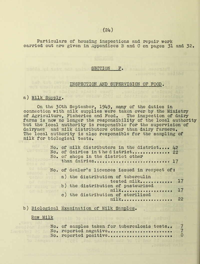 Particulars of housing inspections and repair work carried out are given in Appendices B and C on pages 31 and 32. SECTION P. INSPECTION AND SUPERVISION OF FOOD. a) Milk Supply. On the 30th September, 1949, many of the duties in connection with milk supplies v/ere taken over by the Ministry of Agriculture, Fisheries and Pood. The inspection of dairy farms is now no longer the responsibility of the local authority but the local authority is responsible for the supervision of dairymen and milk distributors other than dairy farmers. The local authority is also responsible for the sampling of milk for biological tests. No, of milk distributors in the district,,,, 42 No, of dairies in t he d istrict 22 No. of shops in the district other than dairies 17 No. of dealer’s licences issued in respect of: a) the distribution of tuberculin tested milk, 17 b) the distribution of pasteurised milk 17 c) the distribution of sterilised milk 22 b) Biological Examination of Milk Samples. Raw Milk No. of samples taken for tuberculosis tests,, 7 No, reported negative,,., 7 No. reported positive 0