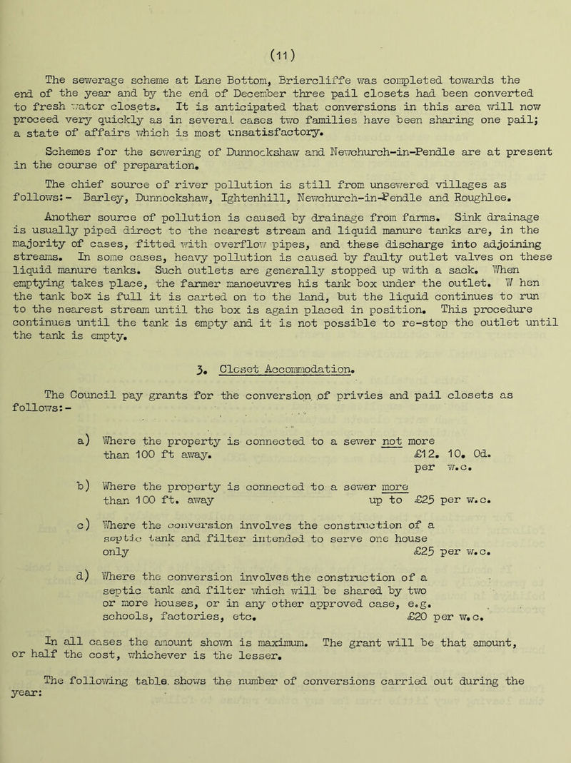 The sewerage scheme at Lane Bottom, Briercliffe was completed towards the end of the year and hy the end of Decemher three pail closets had Been converted to fresh ■.rater closets. It is anticipated that conversions in this area will now proceed very quickly as in several cases two families have Been sharing one pailj a state of affairs which is most unsatisfactory. Schemes for the sewering of Dunnockshaw and ilewchirrch-in-Pendle are at present in the course of preparation. The chief source of river pollution is still from unsev/ered villages as follows:- Barley, Dunnockshaw, Ightenhill, Newchurch-in-Pendle and Roughlee, Another source of pollution is caused By drainage from farms. Sink drainage is usually piped direct to the nearest stream and liquid manure tanks are, in the majority of cases, fitted v.dth overflow pipes, and these discharge into adjoining streams. In some cases, heavy pollution is caused By faulty outlet valves on these liquid manui''e tanks. Such outlets are generally stopped up with a sack, TJhen empt3ring takes place, the farmer manoeuvres his tank Box under the outlet, W hen the tank Box is full it is carted on to the land. But the liquid continues to run to the nearest stream until the Box is again placed in position. This procedure continues until the tank is empty and it is not possible to re-stop the outlet until the tank is empty. 3, Clcsot Accommodation, The Council pay grants for the conversion, of privies and pail closets as follows:- a) Vi/here the property is connected to a sewer not more than 100 ft away, £1 2, 10, Od. per w,c, B) V^fhere the property is connected to a sewer more than 100 ft. away up to £25 per w.c, c) IThere the conversion involves the construction of a soptic tank and filter intended to serve one house only £25 per w,c, d) ¥/here the conversion involves the construction of a septic tanlc and filter which will Be shared By two or more houses, or in any other approved case, e.g, schools, factories, etc, £20 per w,c. In all cases the amount sho^vn is maximum. The grant will Be that amount, or half the cost, whichever is the lesser. The folloi/ving taBl®. shows the numBer of conversions carried out during the year;