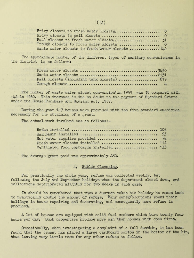 Privy closets, to fresh water closets, 0 Privy closets'to pail closets 0 Pail closets to fresh water closets, .o. 31 Trough closets' to' fresh water closets 0 V/aste water closets to fresh water closets 12f2 The approximate numtoer of the different types of sanitary conveniences in the district is as follows; Fresh v/ater closets 3^50 Waste water closets 2151 Pail closets (including tank closets) 819 Trough closets 1- The number of waste vfater closet conversior^ in 1959 was 35 compared with 142 in i960. This increase is due no doubt to the pa3mient of Standard Grants under the House Purchase and Housing Act, 1959« During the year lA? houses were provided vri.th the five standard amenities necessary for the obtaining of a grant. The actual vrark involved vras as follows:- Baths installed IO6 V/ashbasin installed 95 Hot water supplies provided ' 7h- Fresh water closets installed 112 Ventilated food cupboards installed .................... 135 The average grant paid was approximately £80. A* Public Cleansing. For practically the whole year, refuse was collected vreekly, but following the July and September, holidays vfhen the department closed down, and collections deteriorated slightly for t\70 weeks in each case. It should be remembered that when a dustman takes his holiday he comes back to practically double the amount of i*efase. Many owner/occupiers spend their holidays in house repairing and decorating, and consequently more refuse is produced, A lot of houses ane equipped with solid fuel cookers which bum tv/enty four hours per day. Such properties produce more ash than houses \rith open fires. Occasionally, when investigating a conplaint of a full dustbin, it has been fomd that the tenant has placed a large cardboard carton in the bottom of the bin, thus leaving very little room for any other refuse to follow*