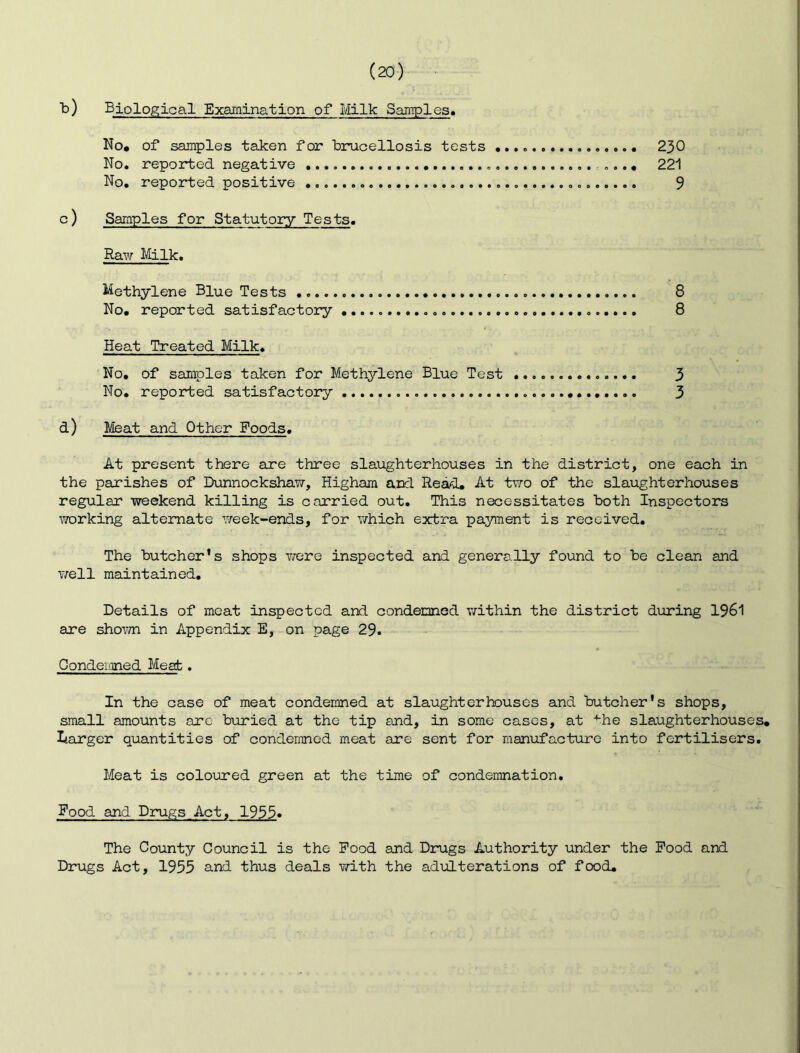 b) Biological Examination of Milk Samples. No# of samples taken for brucellosis tests 230 No. reported negative ,.., 221 No. reported positive 9 c) Samples for Statutory Tests. Raw Milk. Methylene Blue Tests 8 No# reported satisfactory «... 8 Heat Treated Milk. No, of samples taken for Methylene Blue Test 3 No. reported satisfactory 3 d) Meat and Other Foods. At present there are three slaughterhouses in the district, one each in the parishes of Dunnockshaw, Higham and Read, At tvro of the slaughterhouses regular weekend killing is carried out. This necessitates both Inspectors \vorking alternate week-ends, for which extra payment is received. The butcher's shops vrere inspected and generally found to be clean and v/ell maintained. Details of meat inspected and condemned v/ithin the district during 1961 are shovm in Appendix E, on page 29. Oondeioned Meat. In the case of meat condemned at slaughterhouses and butcher's shops, small amounts arc biuried at the tip and, in some cases, at -^he slaughterhouses, Darger quantities of condemned meat are sent for manufacture into fertilisers. Meat is coloured green at the time of condemnation. Food and Drugs Act, 1933« The County Council is the Pood and Drugs Authority under the Pood and Drugs Act, 1955 and thus deals with the adulterations of food.