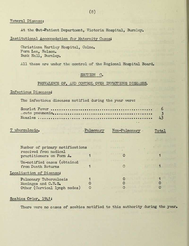 Veneral Disease; At the Out-Patient Departnent, Victoria Hospital, Burnley, Institutional Acconuriodation for Maternity Cases* Christiana Hartley Hospital, Colne, Pern Lea, Nelson, Bank Hall, Burnley, All these are under the control of the Regional Hospital Board, ■ SECTION C, PREVALENCE OP, I-M) CONTROL OVER DTPECTIOUS DISEiiSES. Infectious Diseases; The infectious diseases notified during the year v/ere: Scarlet Pever 6 ....cute pneumonia, 3 Measles ...» 43 T uherculosis, - Pulmonarj/ Non-Pulmona.ry ■ Total Number of primary notifications received from medical practitioners on Porm A, 1 Un-notif*ied cases (obtained from Death Returns 1 Localisation of Disease; Pulmonary Tuberculosis 1 Meninges and C.N,S, 0 Other (Cervical lymph nodes) 0 Scabies Order, 1941 • 0 1 0 1 0 1 0 0 There vrere no cases of scabies notified to this authority d-uring the year, o o