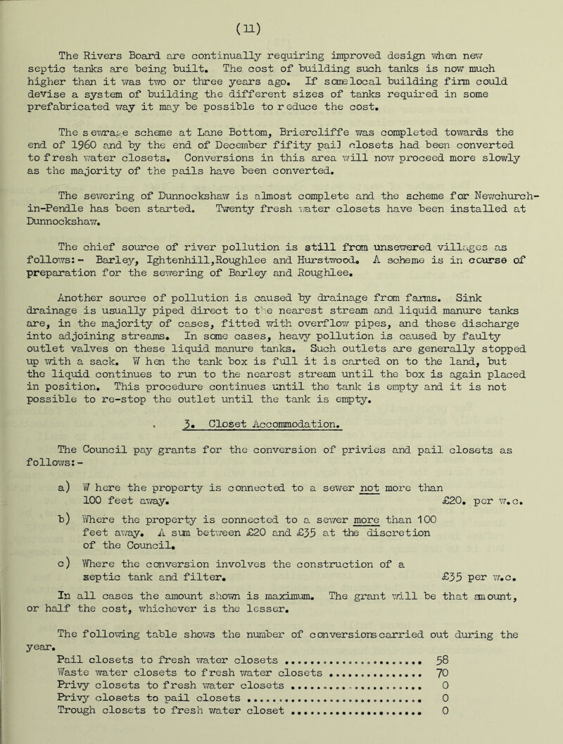 The Rivers Board are continually requiring improved design ■when new septic tanks are Being built. The cost of building siach tanks is now much higher than it was tv/o or three years ago. If some local building firm could devise a system of building the different sizes of tanks required in some prefabricated v/ay it ma.y be possible to reduce the cost. The s eviTage scheme at Lane Bottom, Briercliff e v/as completed towards the end of i960 and by the end of December f if ity paiD closets had been converted to fresh water closets. Conversions in this area vj-ill now proceed more slowly as the majority of the pails have been converted. The sewering of Dunnockshaw is almost complete and the scheme for Nevrahurch- in-Pendle has been started. Twenty fresh v.ater closets have been installed at Dunnockshaw, The chief source of river pollution is still from unsewered villages as f ollo^vs: - Barley, Ightenhill,RoiJghlee and Hurstwood, A scheme is in course of preparation for the sewering of Barley and Roughlee, Another source of pollution is caused by drainage from farms. Sink drainage is usually piped direct to the nearest stream and liquid manure tanks £ire, in the majority of cases, fitted with overflow pipes, and these discharge into adjoining streams* In some cases, heavy pollution is caused by faulty outlet valves on these liquid manure tanks. Such outlets are generally stopped up T,vLth a sack, ¥ hen the tank box is full it is carted on to the land, but the liquid continues to rim to the nearest stream until the box is again placed in position. This procedure continues until the tank is empty and it is not possible to re-stop the outlet until the tank is empty, , 3* Closet Accommodation. The Council pay grants for the conversion of privies and pail closets as follows:- a) W here the property is connected to a sewer not more than 100 feet away. £20, per w.c. b) Vi/here the property is connected to a sewer more than 100 feet away, A sum between £20 and £35 at the discretion of the Council, c) Where the conversion involves the construction of a septic tank and filter, £35 per w,c. In all cases the amount shown is maximum. The grant '^vill be that aiio\ant, or half the cost, whichever is the lesser. The following table shows the number of conversions carried out d'uring the year. Pail closets to fresh water closets 58 V/aste water closets to freshwater closets 70 Privy closets to fresh water closets 0 Pri-vy closets to pail closets 0 Trough closets to fresh water closet 0