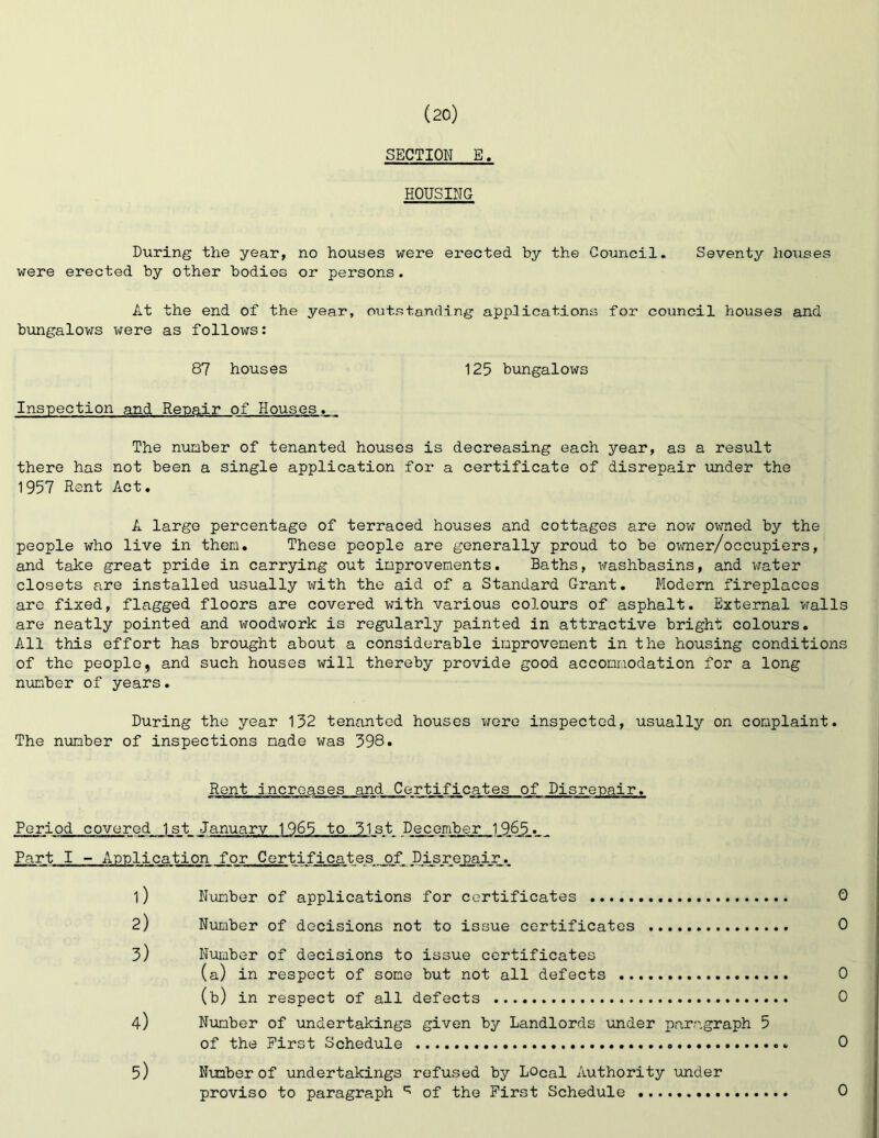 SECTION E. HOUSING During the year, no houses were erected by the Council. Seventy houses were erected by other bodies or persons. At the end of the year, outstanding applications for council houses and bungalovrs were as follows: 87 houses 125 bungalows Inspection and Renair of Houses. The nuLiber of tenanted houses is decreasing each year, as a result there has not been a single application for a certificate of disrepair under the 1957 Rent Act. A large percentage of terraced houses and cottages are now owned by the people who live in them. These people are generally proud to be owner/occupiers, and take great pride in carrying out improvements. Baths, washbasins, and water closets are installed usually with the aid of a Standard Grant. Modern fireplacos are fixed, flagged floors are covered with various colours of asphalt. External walls are neatly pointed and woodwork is regularly painted in attractive bright colours. All this effort has brought about a considerable improvement in the housing conditions of the people, and such houses will thereby provide good accommodation for a long number of years. During the year 132 tenanted houses were inspected, usually on complaint. The number of inspections made was 398. Rent increases and Certiiy^cates of Disrepair. Period covered 1st January 1965 to 31st December 1965. Part I - Application for Certificates ,,of^.?.-Lsre^iX*. 1) Number of applications for certificates 0 2) Number of decisions not to issue certificates 0 3) Number of decisions to issue certificates (a) in respect of some but not all defects 0 (b) in respect of all defects 0 4) Number of undertakings given by Landlords under par-agraph 5 of the First Schedule 0 5) Nmber of undertakings refused by Local Authority imder proviso to paragraph of the First Schedule 0