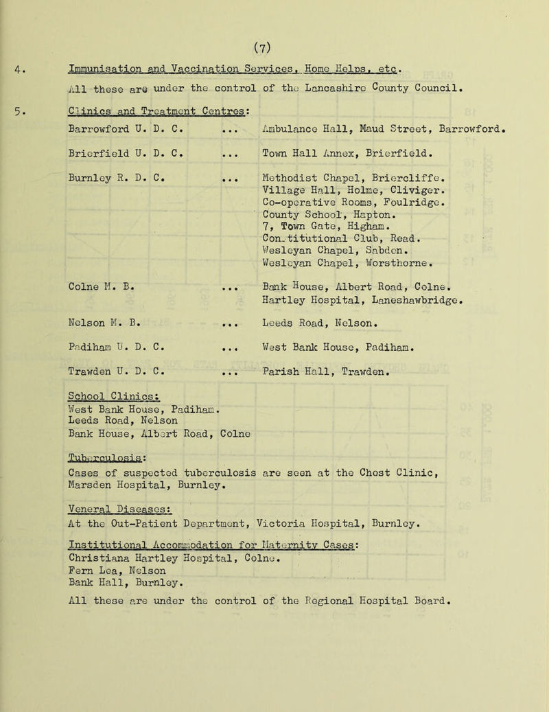 4. Immimiapition and Vaccination Services. Home Helps, etc. All these ari iindGr the control of the Lancashire County Council, 5. Clinics and Treatment Centres; Barrowford U. D. C. Brierfield U. D, C. Burnley R. D. C, Colne M. B. Nelson M. B, Padiham U. D. C. Trawden U. D. C. School Clinics: ¥est Bank House, Padiham. Leeds Road, Nelson Bank House, Albert Road, Colne Cases of suspected tuberculosis are seen at the Chest Clinic, Marsden Hospital, Burnley. Veneral Diseases: At the Out-Patient Department, Victoria Hospital, Burnley. Institutional Accommodation for Hatornitv Cases; Christiana Hartley Hospital, Colne. Pern Lea, Nelson Bank Hall, Burnley. All these are under the control of the Regional Hospital Board, Ambulance Hall, Maud Street, Barrovrford. Town Hall Annex, Brierfield. Methodist Chapel, Briercliffe, Village Hall, Holme, Cliviger. Co-operative Rooms, Foulridge. County School, Hapton. 7, Town Gate, Higham. Constitutional Club, Read. VJesleyan Chapel, Sabdon. Wesleyan Chapel, Worsthorne, Bank Nouse, Albert Road, Colne, Hartley Hospital, Laneshawbridge, Leeds Road, Nelson. West Banlc House, Padiham. Parish Hall, Trawden,