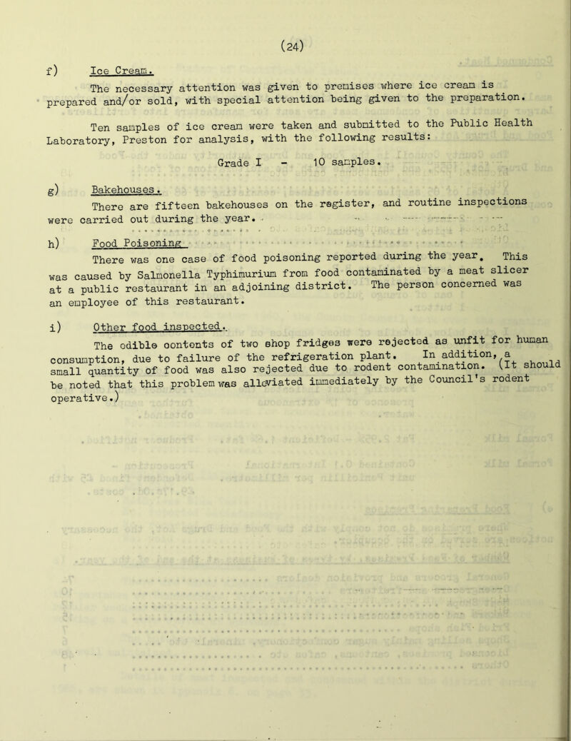 f) Ice CreaE. The necessary attention was given to premises where ice cream is prepared and/or sold, with special attention being given to the preparation. Ten samples of ice cream were taken and submitted to the Public Health Laboratory, Preston for analysis, with the following results: Grade I - 10 samples. g) Bakehouses. There are fifteen bakehouses on the register, and routine inspections were carried out during the year. • - - h) Food Poisoning - . - = : • ^ - - ■ • . , .... There was one case of food poisoning reported during the year^ This was caused by Salmonella Typhimurium from food contaminated by a meat slicer at a public restaurant in an adjoining district. The person concerned was an employee of this restaurant. i) Other food insnected. The edible contents of two shop fridges were rejected as unfit for human consumption, due to failure of the refrigeration plant. In_addition, a small quantity of food was also rejected due to rodent contamination. Ut shoul be noted that this problemv:as alleviated imediately by the Council’s rodent operative.)