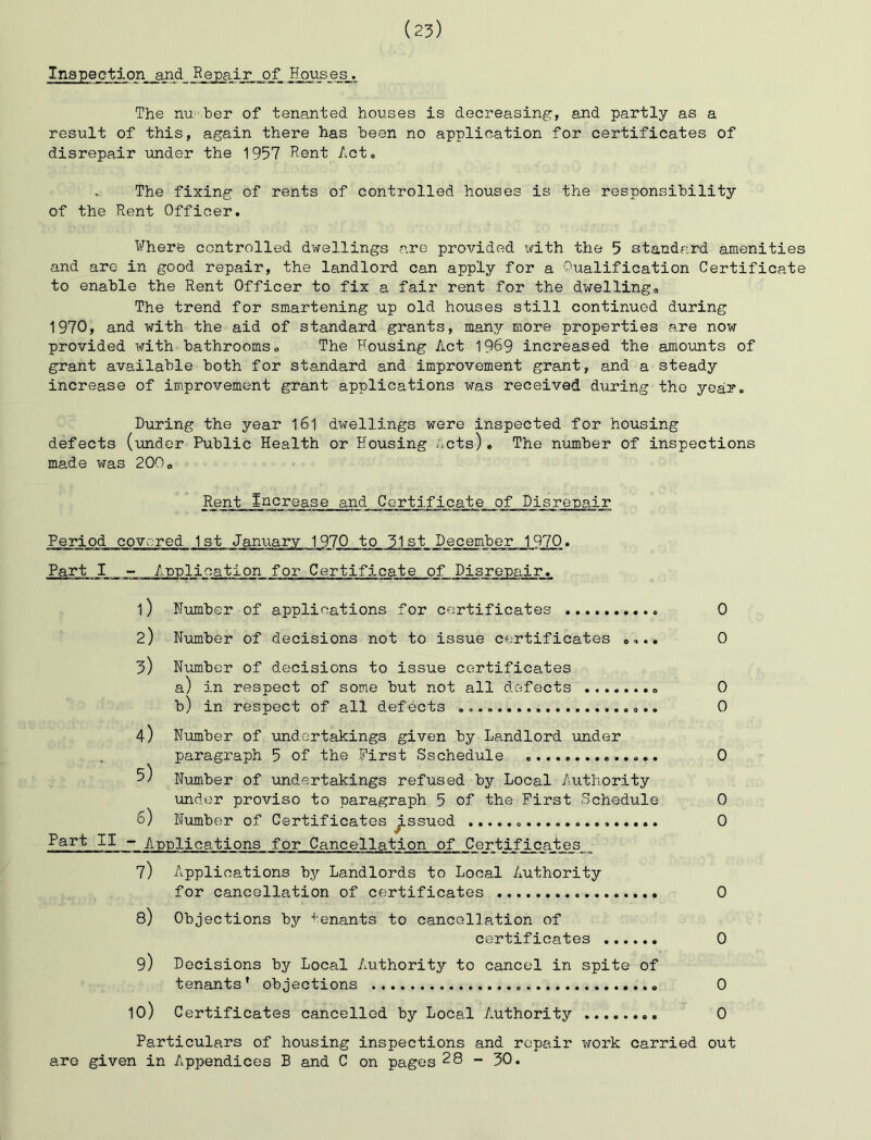 Inspection and Repair of Houses.. The nu'ber of tenanted houses is decreasing, and partly as a result of this, again there has been no application for certificates of disrepair under the 1957 Rent Acto . The fixing of rents of controlled houses is the responsibility of the Rent Officer. ¥here controlled dwellings are provided xvith the 5 standard amenities and are in good repair, the landlord can apply for a Qualification Certificate to enable the Rent Officer to fix a fair rent for the dwellinga The trend for smartening up old houses still continued during 1970, and with the aid of standard grants, many more properties are now provided with bathrooms» The Housing Act 1969 increased the amounts of grant available both for standard and improvement grant, and a steady increase of im.provement grant applications was received during the year. During the year l6l dwellings were inspected for housing defects (imdcr Public Health or Housing nets). The number of inspections made was 200» Rent Increase and Certificate of Disrepair Period covered 1st January 1970 to 31st December 1970. Part I - Annlication for Certificate of Disrepair. 1) Hiimber of applications for certificates 0 2) Number of decisions not to issue certificates o... 0 3) Niimbor of decisions to issue certificates a) in respect of some but not all defects 0 b) in respect of all defects 0 4) Number of uindertakings given by Landlord under paragraph 5 of the First Sschedule 0 5) Number of undertakings refused by Local Authority under proviso to paragraph 5 of the First Schedule 0 6) Niimber of Certificates ^ssued 0 Part II -• Applications for Cancellation of Certifi_c_a_te3__ 7) Applications by Landlords to Local Authority for cancellation of certificates 0 &) Objections by tenants to cancellation of certificates 0 9) Decisions by Local Authority to cancel in spite of tenants' objections 0 10) Certificates cancelled by Local Authority 0 Particulars of housing inspections and repair work carried out are given in Appendices B and C on pages 28 - 30.