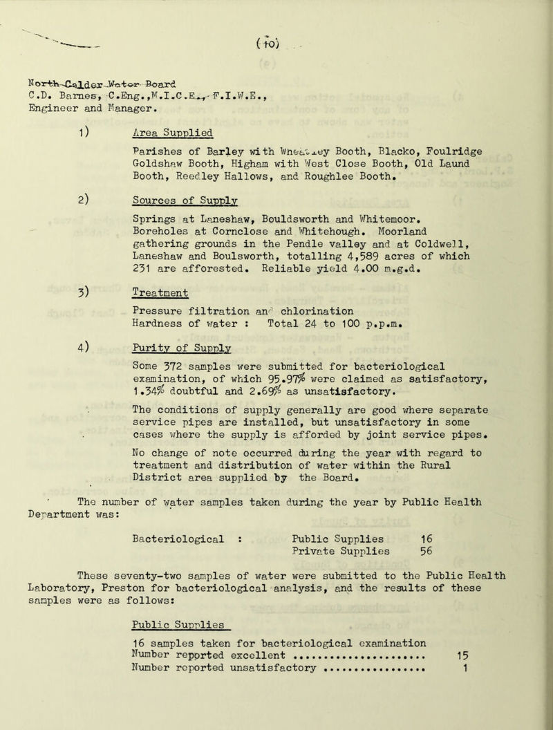 (to) Board C.D. Bames, C.Eng. ,M.I.CF.I.W.E., Engineer and Manager. 1) Area Sunnlied Parishes of Barley with lft/nfca'ua.ey Booth, Blacko, Foulridge Goldshaw Booth, Higham with West Close Booth, Old Laimd Booth, Reedley Hallows, and Roughlee Booth. 2) Sources of SuDhlv Springs at Laneshaw, Bouldsworth and Whitemoor, Boreholes at Cornclose and I'lHiitehough, Moorland gathering grounds in the Pendle valley and at Coldwell, Laneshaw and Boulsworth, totalling 4,589 acres of which 231 are afforested. Reliable yield 4.00 m.g.d. 3) Treatment Pressure filtration an'^- chlorination Hardness of water ; Total 24 to 100 p.p.m. 4) Purity of Supply Some 372 samples were submitted for bacteriological examination, of which 95.97^ were claimed as satisfactory, 1.34?^ doubtful and 2.69/^ as unsatisfactory. The conditions of supply generally are good where separate service pipes are installed, but unsatisfactory in some cases where the supply is afforded by joint service pipes. No change of note occurred during the year with regard to treatment and distribution of water within the Rural District area supplied by the Board. The nmber of water samples taken during the year by Public Health Department was: Bacteriological : Public Supplies 16 Private Supplies 56 These seventy-two samples of water were submitted to the Public Health Laboratory, Preston for bacteriological analysis, and the results of these samples were as follows: Public Suoplies 16 samples taken for bacteriological examination Number reported excellent 15