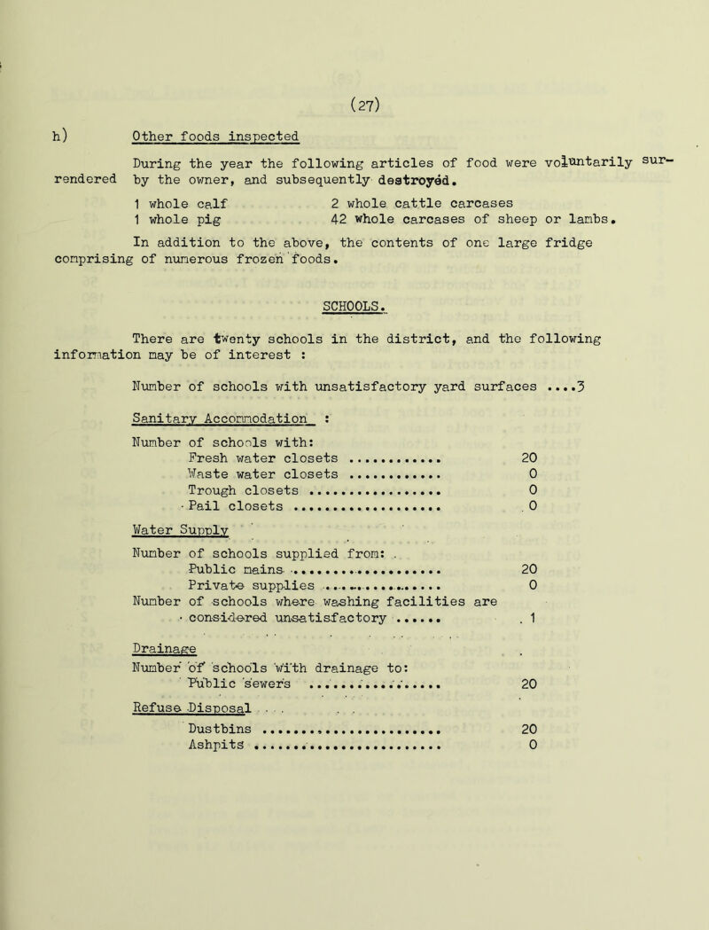 h) Other foods inspected During the year the following articles of food were vol^tarily sur- rendered hy the owner, and subsequently destroyed, 1 whole calf 2 whole cattle carcases 1 whole pig 42 whole carcases of sheep or lambs. In addition to the above, the contents of one large fridge comprising of niomerous frozen foods. SCHOOLS. There are twenty schools in the district, and the following information may be of interest ; Number of schools with unsatisfactory yard surfaces ....3 Sanitary Accommodation : Number of schools with: Fresh water closets 20 Waste water closets 0 Trough closets 0 • Pail closets . 0 Water Sunnlv Number of schools supplied from: . Public mains- 20 Private sup-plies 0 Number of -schools where washing facilities are • cons-i-d-ered unsatisfactory .1 Drainage N-umber of schools with drainage to: ' Public sewers 20 Refuse -Disposal - . Dustbins 20 Ashpits 0