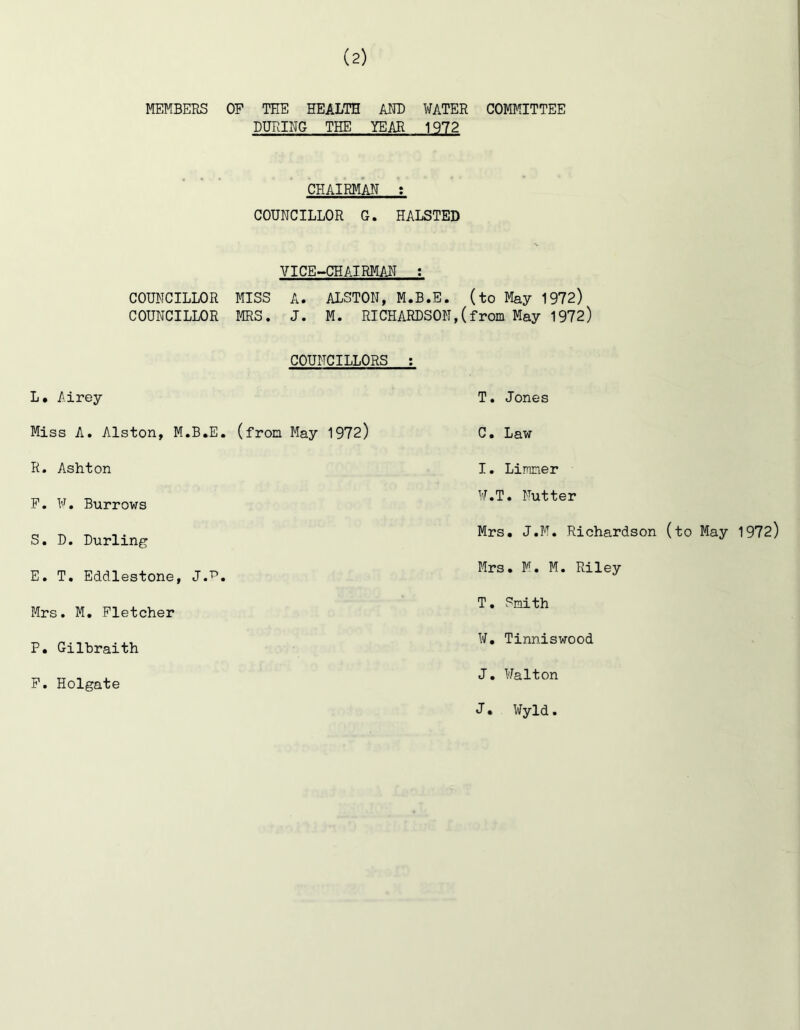 MEMBERS COUNCILLOR COUNCILLOR L. Airey Miss A. Alston, M.B.E R. Ashton F. N. Burrows S. D. Curling E, T. Eddlestone, J.'p Mrs. M, Fletcher P. Gilhraith OP THE HEALTH AND WATER COMITITTEE DURING THE YEAR 1972 CHAIRMAN t COUNCILLOR G. HALSTED VICE-CHAIRMA3T ; MISS A. ALSTON, M.B.E. (to May 1972) MRS. J. M. RICHARDSON,(from May 1972) COUNCILLORS ; T. Jones (from May 1972) C. Law I. Limner W.T. Nutter Mrs. J.M. Richardson (to May 1972) Mrs. M. M. Riley T. Smith ¥. Tinniswood P. Holgate J. Walton J• Wyld.
