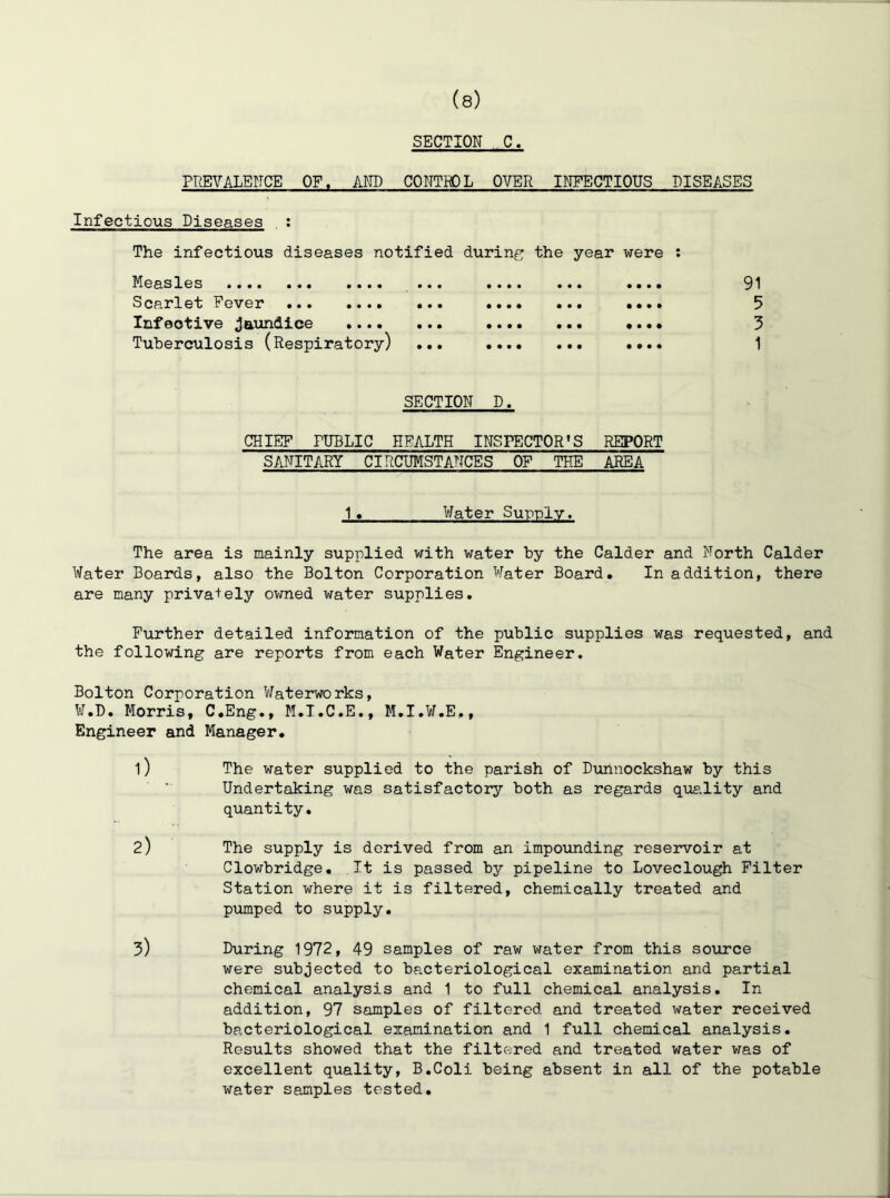 SECTION C. PREVALENCE OF. A^ID CONTROL OVER IMCTIOUS DISEASES Infectious Diseases , : The infectious diseases notified durinf^ the year were Neasles •••• ••• •••• ••• •••• ••• •••• Scarlet Never ••• •••• ••• •••• ••• •••• Infective jaundice •••• Tuberculosis (Respiratory) ... 91 5 3 1 SECTION D. CHIEF PUBLIC HEALTH INSPECTOR’S REPORT SANITARY CIRCHHSTANCES OF THE AREA 1» Water Supply. The area is mainly supplied with water by the Calder and North Calder Water Boards, also the Bolton Corporation Water Board. In addition, there are many priva+ely ovmed water supplies. Further detailed information of the public supplies was requested, and the following are reports from each Water Engineer. Bolton Corporation Waterworks, W.D. Morris, C.Eng., M.I.C.E., M.I.W.E,., Engineer and Manager. 1) The water supplied to the parish of Duhnockshaw by this Undertaking was satisfactory both as regards quality and quantity. 2) The supply is derived from an impounding reservoir at Clowbridge. It is passed by pipeline to Loveclough Filter Station where it is filtered, chemically treated and pumped to supply. 3) During 1972, 49 samples of raw water from this source were subjected to bacteriological examination and partial chemical analysis and 1 to full chemical analysis. In addition, 97 samples of filtered and treated water received bacteriological examination and 1 full chemical analysis. Results showed that the filtered and treated water vms of excellent quality, B.Coli being absent in all of the potable water samples tested.