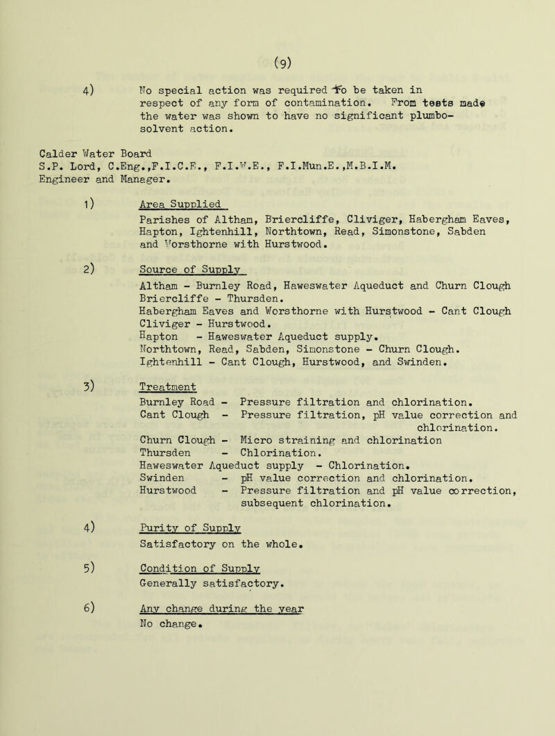 4) No special action was required dPb be taken in respect of any form of contamination. From tests made the water was shown to have no significant plumbo- solvent action. Calder Water Board S.P, Lord, C.Eng.,F.I.C.E., F.I.W.E., P.I.Mun.E, Engineer and Manager, 1) 2) 3) 4) 5) 6) Area Supplied Parishes of Altham, Briercliffe, Cliviger, Habergham Eaves, Hapton, Ightenhill, Northtown, Read, Simonstone, Sabden and Forsthorne with Hurstwood. Source of Sunnly Altham - Burnley Road, Haweswater Aqueduct and Churn Clough Briercliffe - Thursden. Habergham Eaves and Worsthorne with Hurstwood - Cant Clough Cliviger - Hurstwood. Hapton - Haweswater Aqueduct supply, Northtown, Read, Sabden, Simonstone - Churn Clough, Ightenhill - Cant Clough, Hurstwood, and Swinden, Treatment Burnley Road - Cant Clough - Pressure filtration and chlorination. Pressure filtration, pH value correction and chlorination. Churn Clough - Micro straining and chlorination Thursden - Chlorination. Haweswater Aqueduct supply - Chlorination. Swinden - pH value correction and chlorination, Hurstwood - Pressure filtration and pH value correction, subsequent chlorination. Purity of Supply Satisfactory on the whole. Condition of Sunnlv Generally satisfactory. Any chani°:e during the year No change.