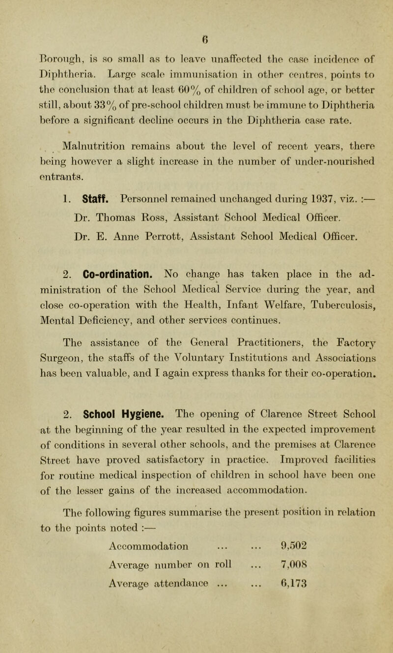 0 Boroiigli, is so small as to loavo unaffootod the oaso incidonoo of Diplithoria. Largo scale immunisation in other centres, points to the conclusion that at least 00% of children of school age, or better still, about 33% of pre-school children must be immune to Diphtheria before a significant decline occurs in the Diphtheria case rate. Malnutrition remains about the level of recent years, there being however a slight increase in the number of under-nourished entrants. 1. Staff. Personnel remained unchanged during 1937, viz. :— Dr. Thomas Ross, Assistant School Medical Officer. Dr. E. Anne Perrott, Assistant School Medical Officer. 2. Co-ordination. No change has taken place in the ad- ministration of the School Medical Service during the year, and close co-operation with the Health, Infant Welfare, Tubercidosis, Mental Deficiency, and other services continues. The assistance of the General Practitioners, the Factory Surgeoji, the staffs of the Voluntary Institutions and Associations has been valuable, and I again express thanks for their co-operation. 2. School Hygiene. The opening of Clarence Street School at the beginning of the year resulted in the expected improvement of conditions in several other schools, and the premises at Clarence Street have proved satisfactory in practice. Improved facilities for routine medical inspection of children in school have been one of the lesser gains of the increased accommodation. The following figures summarise the present position in relation to the points noted :— Accommodation ... ... 9,502 Average number on roll ... 7,008 Average attendance ... ... 0,173