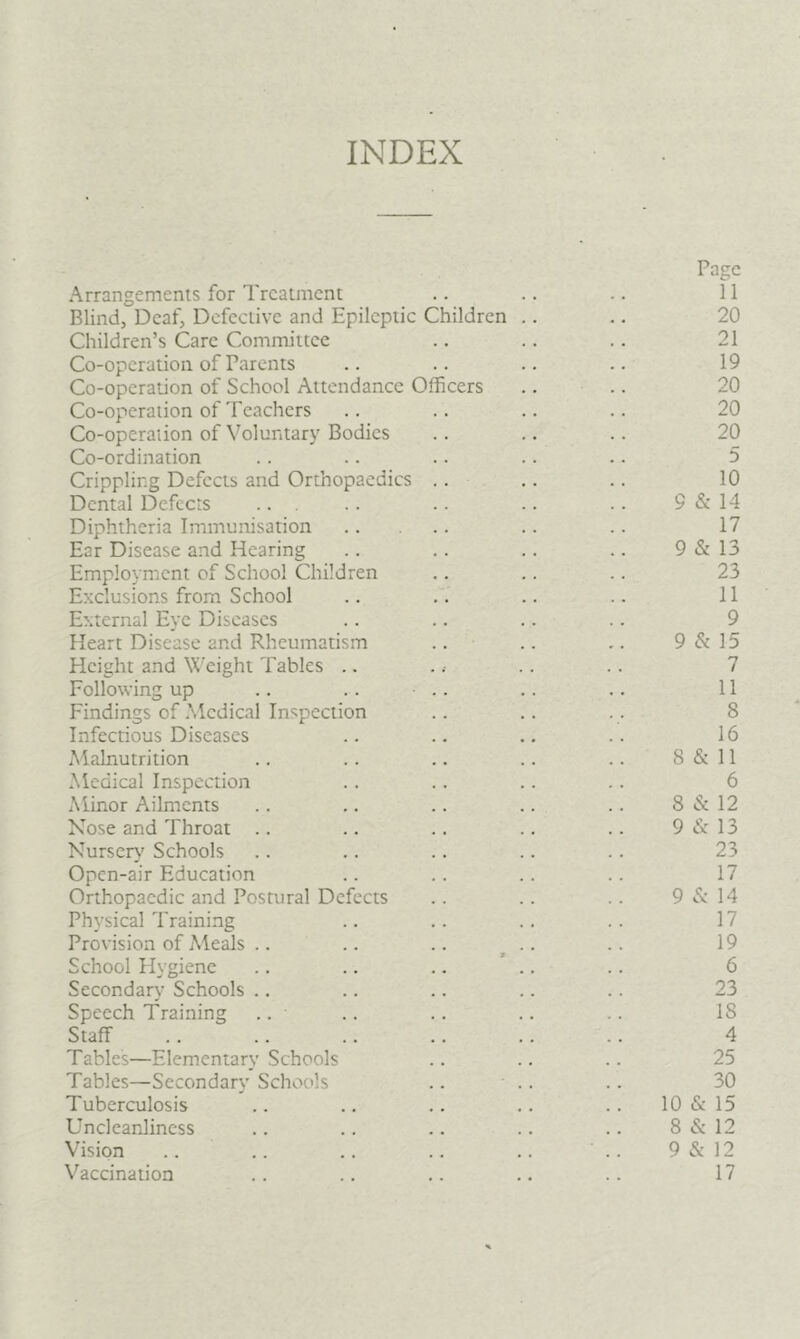 INDEX Page Arrangements for Treatment .. .. .. 11 Blind, Deaf, Defective and Epileptic Children .. .. 20 Children’s Care Committee .. .. .. 21 Co-operation of Parents .. .. .. .. 19 Co-operation of School Attendance Officers .. .. 20 Co-operation of Teachers .. .. .. .. 20 Co-operation of \^oluntary Bodies .. .. .. 20 Co-ordination .. .. .. .. .. 5 Crippling Defects and Orthopaedics .. .. .. 10 Dental Defects ... .. .. .. .. 9&14 Diphtheria Immunisation .. .. 17 Ear Disease and Hearing .. .. .. .. 9«S:13 Employment of School Children .. .. .. 23 Exclusions from School .. .. .. .. 11 External Eye Diseases .. .. .. .. 9 Heart Disease and Rheumatism .. .. .. 9 & 15 Height and Weight Tables .. . .• .. .. 7 Following up .. .. .. .. .. 11 Findings of Medical Inspection .. .. . . 8 Infectious Diseases .. .. .. .. 16 Malnutrition .. .. .. .. .. 8&11 Medical Inspection .. .. .. .. 6 Minor Ailments .. .. .. .. .. 8 iSc 12 Nose and Throat .. .. .. .. .. 9 8:13 Nurser}' Schools .. .. .. .. .. 23 Open-air Education .. .. .. .. 17 Orthopaedic and Postural Defects .. .. .. 9 8: 14 Physical Training .. .. .. .. 17 Provision of Meals .. .. .. ^ .. .. 19 School Flygiene .. .. .. .. .. 6 Secondary Schools .. .. .. .. .. 23 Speech Training .. .. .. .. .. 18 Staff .. .. .. .. .. .. 4 Tables—Elementary Schools .. .. .. 25 Tables—Secondary Schools .. .. .. 30 Tuberculosis .. .. .. .. .. 10 8:15 Uncleanliness .. .. .. .. .. 8 8: 12 Vision .. .. .. .. .. .. 98:12 Vaccination .. .. .. .. .. 17