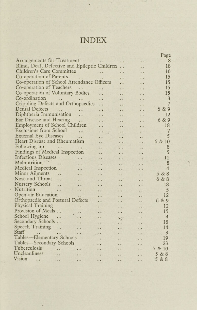 INDEX Page Arrangements for Treatment .. .. .. 8 Blind, Deaf, Defective and Epileptic Children .. .. 18 Children’s Care Committee .. .. .. 16 Co-operation of Parents .. .. .. .. 15 Co-operation of School Attendance Officers .. .. 15 Co-operation of Teachers .. .. .. .. 15 Co-operation of Voluntary Bodies .. .. .. 15 Co-ordination .. .. ,. .. .. 3 Crippling Defects and Orthopaedics .. .. .. 7 Dental Defects .. .. .. .. 6&9 Diphtheria Immunisation ., .. .. .. 12 Ear Disease and Hearing .. .. .. .. 6 & 9 Employment of School Children .. .. .. 18 Exclusions from School .. .. .. .. 7 External Eye Diseases .. .. .. .. 5 Heart Disease and Rheumatism .. .. .. 6 & 10 Follo ving up .. ,. .. .. .. 8 Findings of Medical Inspection .. .. .. 5 Infectious Diseases .. .. ,. .. 11 Malnutrition ' .. .. .. .. .. 8 Medical Inspection .. .. .. .. 4 Minor Ailments .. .. .. .. .. 5&8 Nose and Throat .. .. .. .. .. 6&8 Nursery Schools .. .. .. .. .. 18 Nutrition .. .. .. .. .. 5 Open-air Education .. .. .. .. 12 Orthopaedic and Postural Defetts .. .. .. 6 & 9 Physical Training .. .. .. .. 12 Provision of Meals .. .. .. .. .. 15 School Hygiene .. ‘ .. .. .. 4 Secondary Schools .. .. .. ... 18 Speech Training .. .. .. .. .. 14 Staff .. .. .. ., .. .. 3 Tables—Elementary Schools .. .. .. 19 Tables—Secondary’ Schools .. .. .. 23 Tuberculosis .. .. .. .. .. 7 & 10 Uncleanliness .. .. .. .. 5&8 Vision .. .. .. .. .. 5&8