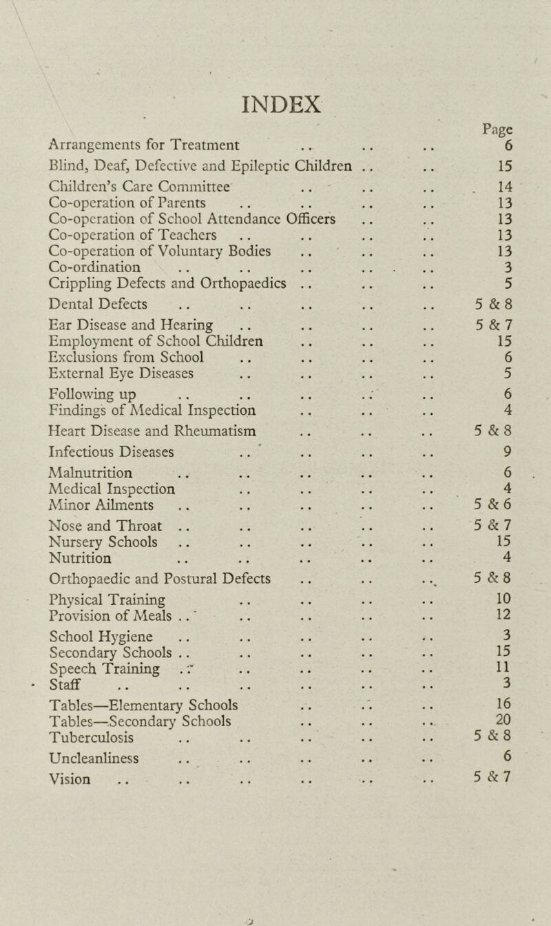 INDEX Page Arrangements for Treatment ... .. .. 6 Blind, Deaf, Defective and Epileptic Children .. .. 15 Children’s Care Committee .. .. .. .14 Co-operation of Parents .. .. .. .. 13 Co-operation of School Attendance Officers .. .. 13 Co-operation of Teachers .. .. .. 13 Co-operation of Voluntary Bodies .. .. .. 13 Co-ordination .. .. .. 3 Crippling Defects and Orthopaedics .. .. .. 5 Dental Defects .. .. .. .. .. 5&8 Ear Disease and Hearing .. .. .. .. 5 & 7 Employment of School Children .. .. .. 15 Exclusions from School .. .. .. .. 6 External Eye Diseases .. .. .. .. 5 Following up .. .. .. .: .. 6 Findings of Medical Inspection .. .. .. 4 Heart Disease and Rheumatism .. .. .. 5 & 8 Infectious Diseases .. .. .. .. 9 Malnutrition .. .. .. .. .. 6 Medical Inspection .. .. .. .. 4 Minor Ailments .. .. .. .. .. 5&6 Nose and Throat .. .. .. .. .. 5&7 Nursery Schools .. .. .. .. .. 15 Nutrition .. .. . • .. .. 4 Orthopaedic and Postural Defects .. .. ... 5 & 8 Physical Training .. .. .. .. 10 Provision of Meals ..' .. .. .. .. 12 School Hygiene .. .. .. .. .. 3 Secondary Schools .. .. .. .. .. 15 Speech Training ... .. .. . • 11 Staff .. .. .. .. •. •. 3 Tables—Elementary Schools .. . . .. 16 Tables—Secondary Schools .. .. .. 20 Tuberculosis .. .. .. .. •• 5&8 Uncleanliness .. .. .. . • • • 6 Vision .. .. .. .. •• •• 5&7