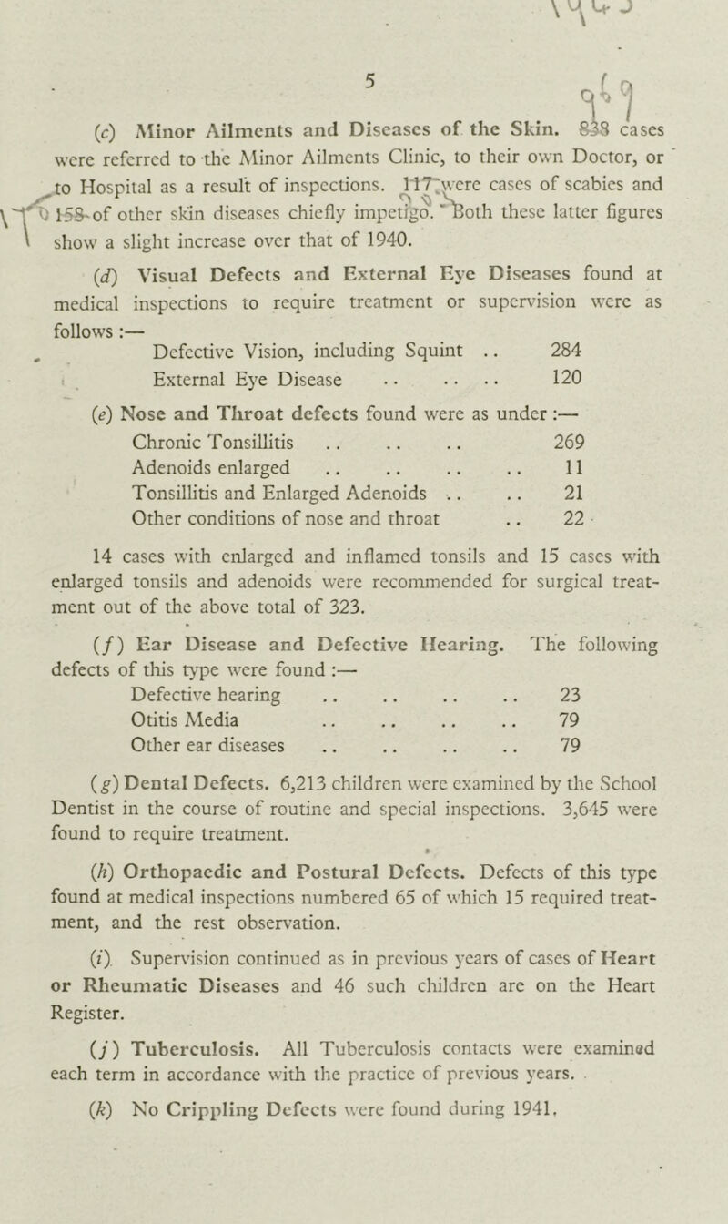 were referred to the Minor Ailments Clinic, to their own Doctor, or to Hospital as a result of inspections. hlT'were eases of scabies and 158~of other skin diseases chiefly impetigo. Both these latter figures show a slight increase over that of 1940. (d) Visual Defects and External Eye Diseases found at medical inspections to require treatment or supervision were as follows :— Defective Vision, including Squint .. 284 External Eye Disease • • • • • • 120 (<?) Nose and Throat defects found were as under:— Chronic Tonsillitis .. .. .. 269 Adenoids enlarged .. .. .. .. 11 Tonsillitis and Enlarged Adenoids .. .. 21 Other conditions of nose and throat .. 22 14 cases with enlarged and inflamed tonsils and 15 cases with enlarged tonsils and adenoids were recommended for surgical treat- ment out of the above total of 323. (/) Ear Disease and Defective Hearing. The following defects of this type were found :— Defective hearing .. .. .. .. 23 Otitis Media .. .. .. .. 79 Other ear diseases .. .. .. .. 79 (g) Dental Defects. 6,213 children were examined by the School Dentist in the course of routine and special inspections. 3,645 were found to require treatment. • (h) Orthopaedic and Postural Defects. Defects of this type found at medical inspections numbered 65 of which 15 required treat- ment, and the rest observation. (i) Supervision continued as in previous years of cases of Heart or Rheumatic Diseases and 46 such children are on the Heart Register. (/) Tuberculosis. All Tuberculosis contacts were examined each term in accordance with the practice of previous years. (&) No Crippling Defects were found during 1941.