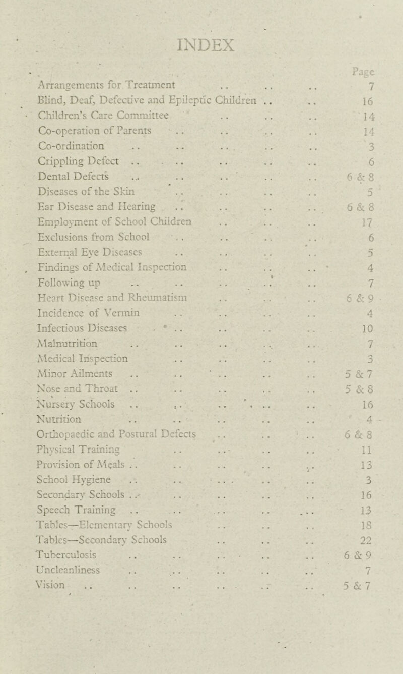 INDEX Page Arrangements for Treatment ., .. ., 7 Blind, Deaf, Defective and Epileptic Children .. .. 16 Children’s Care Committee .. .. .. ] 4 Co-operation of Parents .. .. .. 14 Co-ordination .. .. ... .. ,. 3 Crippling Defect .. ... .. .. .. 6 Dental Defects ... .. .. .. .. 6 & 8 Diseases of the Skin .. .. .. .. 5 Ear Disease and Hearing .. .. .. .. 6 &. 8 Employment of School Children .. • • . • • 17 Exclusions from School .. .. .. .. 6 External Eye Diseases .. .. .. .. 5 Findings of Medical Inspection .. .. • 4 Following up .. .. .. . .* .. 7 Heart Disease and Rheumatism .. .. .. 6 S: 9 Incidence of \'ermin .. .. .. .. 4 Infectious Diseases . * .. .. .. 10 Malnutrition .. .. .. ... .. 7 Medical Inspection .. .. .. .. 3 .Minor Ailments .. .. .. .. 5 Sc 7 Xose and Throat .. .. .. .. .. 5&:8 Xursery Schools .. ,. .. 16 Nutrition .. .. .. .. .. 4 Orthopaedic and Postural Defects .. .. .. 6 Sc 8 Physical Training .. .. 11 Provision of Meals .. .. .. .. .. 13 i School Hygiene .. .. ... .. ., 3 Secondary’’ Schools ... .. .. .. 16 Speech Training .. .. ... .. ... 13 Tables—Elementan.'Schools .. .. .. IS Tables—-Secondary Schools .. .. .. 22 Tuberculosis .. .. .. .. 6 Sc 9 Uncleanliness .. .. .. .. .. 7 Vision .. .. .. .. .. .. 56:7