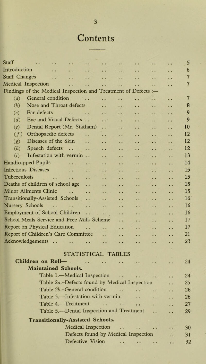 Contents Staff 5 Introduction .. .. .. .. .. .. .. .. 6 Staff Changes .. .. .. .. .. .. .. .. 7 Medical Inspection .. .. .. .. .. .. .. 7 Findings of the Medical Inspection and Treatment of Defects :— (a) General condition .. .. .. .. .. .. 7 (b) Nose and Throat defects .. .. .. .. .. 8 (c) Ear defects .. .. .. .. .. .. .. 9 (d) Eye and Visual Defects .. .. .. .. .. .. 9 (e) Dental Report (Mr. Statham) .. .. .. .. .. 10 (/) Orthopaedic defects .. .. .. .. .. .. 12 (g) Diseases of the Skin .. .. .. .. .. .. 12 (/j) Speech defects .. .. .. .. .. .. .. 12 (i) Infestation with vermin .. .. .. .. .. .. 13 Handicapped Pupils .. .. .. .. .. .. .. 14 Infectious Diseases .. .. .. .. .. .. .. 15 Tuberculosis .. .. .. .. .. .. .. .. 15 Deaths of children of school age .. .. .. .. .. .. 15 Minor Ailments Clinic .. .. .. .. .. .. .. 15 Transitionally-Assisted Schools .. .. .. .. .. .. 16 Nursery Schools .. .. .. .. .. .. .. .. 16 Employment of School Children .. .. .. .. .. .. 16 School Meals Service and Free Milk Scheme .. .. .. .. 17 Report on Physical Education .. .. .. .. .. .. 17 Report of Children’s Care Committee .. .. .. .. .. 21 Acknowledgements .. .. .. .. .. .. ., .. 23 STATISTICAL TABLES Children on Roll— .. .. .. .. .. 24 Maintained Schools. Table 1.—Medical Inspection .. .. .. .. 24 Table 2u.-Defects found by Medical Inspection .. 25 Table 26.-General condition .. .. .. .. 26 Table 3.—Infestation with vermin .. .. .. 26 Table 4.—Treatment .. .. .. .. .. 27 Table 5.—Dental Inspection and Treatment .. .. 29 Transitionally-Assisted Schools. Medical Inspection .. .. .. .. 30 Defects found by Medical Inspection .. 31 Defective Vision .. .. .. .. 32