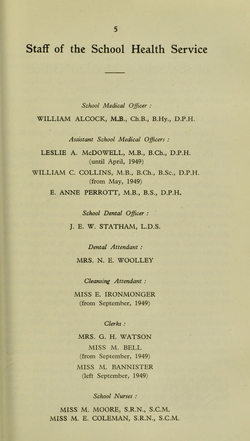 Staff of the School Health Service School Medical Officer : WILLIAM ALCOCK, M.B., Ch.B., B.Hy., D.P.H. Assistant School Medical Officers : LESLIE A. McDowell, M.B., B.Ch., D.P.H. (until April, 1949) WILLIAM C. COLLINS, M.B., B.Ch., B.Sc., D.P.H. (from May, 1949) E. ANNE PERROTT, M.B., B.S., D.P.H. School Dental Officer : J. E. W. STATHAM, L.D.S. Dental Attendant : MRS. N. E. WOOLLEY Cleansing Attendant : MISS E. IRONMONGER (from September, 1949) Clerks : MRS. G. H. WATSON MISS M. BELL (from September, 1949) MISS M. BANNISTER (left September, 1949) School Nurses : MISS M. MOORE, S.R.N., S.C.M. MISS M. E. COLEMAN, S.R.N., S.C.M.