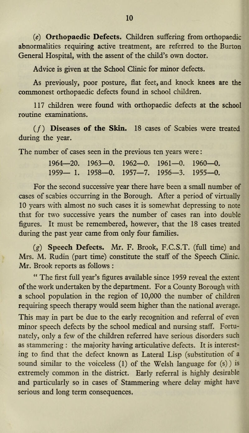 (e) Orthopaedic Defects. Children suffering from orthopaedic abnormalities requiring active treatment, are referred to the Burton General Hospital, with the assent of the child’s own doctor. Advice is given at the School Clinic for minor defects. As previously, poor posture, flat feet, and knock knees are the commonest orthopaedic defects found in school children. 117 children were found with orthopaedic defects at the school routine examinations. (/) Diseases of the Skin. 18 cases of Scabies were treated during the year. The number of cases seen in the previous ten years were: 1964—20. 1963—0. 1962—0. 1961—0. 1960—0. 1959— 1. 1958—0. 1957—7. 1956—3. 1955—0. For the second successive year there have been a small number of cases of scabies occurring in the Borough. After a period of virtually 10 years with almost no such cases it is somewhat depressing to note that for two successive years the number of cases ran into double figures. It must be remembered, however, that the 18 cases treated during the past year came from only four famihes. (g) Speech Defects. Mr. F. Brook, F.C.S.T. (full time) and Mrs. M. Rudin (part time) constitute the staff of the Speech Clinic. Mr. Brook reports as follows : “ The first full year’s figures available since 1959 reveal the extent of the work undertaken by the department. For a County Borough with a school population in the region of 10,000 the number of children requiring speech therapy would seem higher than the national average. This may in part be due to the early recognition and referral of even minor speech defects by the school medical and nursing staff. Fortu- nately, only a few of the children referred have serious disorders such as stammering : the majority having articulative defects. It is interest- ing to find that the defect known as Lateral Lisp (substitution of a sound similar to the voiceless (1) of the Welsh language for (s)) is extremely common in the district. Early referral is highly desirable and particularly so in cases of Stammering where delay might have serious and long term consequences.