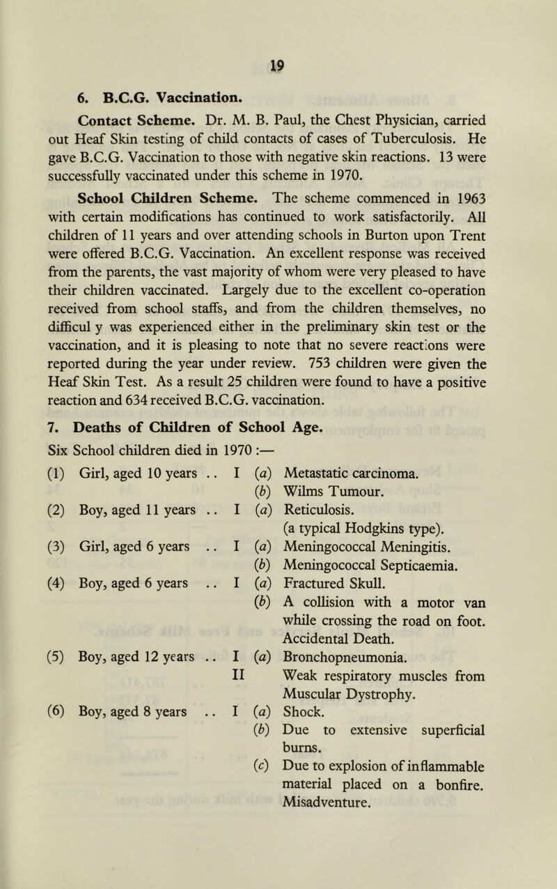 6. B.C.G. Vaccination. Contact Scheme. Dr. M. B. Paul, the Chest Physician, carried out Heaf Skin testing of child contacts of cases of Tuberculosis. He gave B.C.G. Vaccination to those with negative skin reactions. 13 were successfully vaccinated under this scheme in 1970. School Children Scheme. The scheme commenced in 1963 with certain modifications has continued to work satisfactorily. All children of 11 years and over attending schools in Burton upon Trent were offered B.C.G. Vaccination. An excellent response was received from the parents, the vast majority of whom were very pleased to have their children vaccinated. Largely due to the excellent co-operation received from school staffs, and from the children themselves, no difficul y was experienced either in the preliminary skin test or the vaccination, and it is pleasing to note that no severe reactions were reported during the year under review. 753 children were given the Heaf Skin Test. As a result 25 children were found to have a positive reaction and 634 received B.C.G. vaccination. 7. Deaths of Children of School Age. Six School children died in 1970 :— (1) Girl, aged 10 years .. I («) (b) (2) Boy, aged 11 years .. I (a) (3) Girl, aged 6 years .. I (a) (b) (4) Boy, aged 6 years I (a) (b) (5) Boy, aged 12 years .. I (a) II (6) Boy, aged 8 years I (a) (b) (c) Metastatic carcinoma. Wilms Tumour. Reticulosis. (a typical Hodgkins type). Meningococcal Meningitis. Meningococcal Septicaemia. Fractured Skull. A collision with a motor van while crossing the road on foot. Accidental Death. Bronchopneumonia. Weak respiratory muscles from Muscular Dystrophy. Shock. Due to extensive superficial burns. Due to explosion of inflammable material placed on a bonfire. Misadventure.