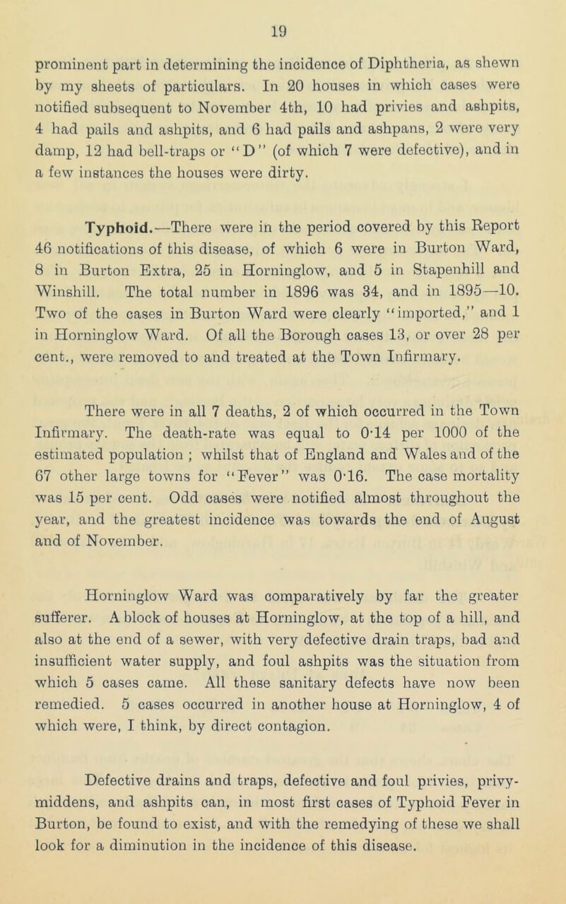 prominent part in determining the incidence of Diphtheria, as shewn by my sheets of particulars. In 20 houses in which cases were notified subsequent to November 4th, 10 had privies and ashpits, 4 had pails and ashpits, and 6 had pails and ashpans, 2 were very damp, 12 had bell-traps or “D” (of which 7 were defective), and in a few instances the houses were dirty. Typhoid.—There were in the period covered by this Report 46 notifications of this disease, of which 6 were in Burton Ward, 8 in Burton Extra, 25 in Horninglow, and 5 in Stapenhill and Winshill. The total number in 1896 was 34, and in 1895—10. Two of the cases in Burton Ward were clearly “imported,” and 1 in Horninglow Ward. Of all the Borough cases 13, or over 28 per cent., were removed to and treated at the Town Infirmary. There were in all 7 deaths, 2 of which occurred in the Town Infirmary. The death-rate was equal to 0‘14 per 1000 of the estimated population ; whilst that of England and Wales and of the 67 other large towns for “Eever” was 0‘16. The case mortality was 15 per cent. Odd cases were notified almost throughout the year, and the greatest incidence was towards the end of August and of November. Horninglow Ward was comparatively by far the greater sufferer. A block of houses at Horninglow, at the top of a hill, and also at the end of a sewer, with very defective drain traps, bad and insufficient water supply, and foul ashpits was the situation from which 5 cases came. All these sanitary defects have now been remedied. 5 cases occurred in another house at Horninglow, 4 of which were, I think, by direct contagion. Defective drains and traps, defective and foul privies, privy- middens, and ashpits can, in most first cases of Typhoid Fever in Burton, be found to exist, and with the remedying of these we shall look for a diminution in the incidence of this disease.