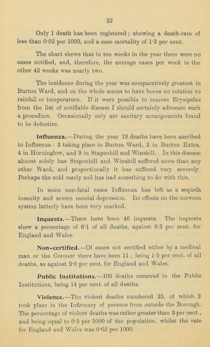 Only 1 death has been registered ; shewing a death-rate of less than 0’02 per 1000, and a ease mortality of 1-3 per cent. The chart shews that in ten weeks in the year there were no cases notified, and, therefore, the average cases per week in the other 42 weeks was nearly two. The incidence during the year was comparatively greatest in Burton Ward, and on the whole seems to have borne no relation to rainfall or temperature. If it were possible to remove Erysipelas from the list of notifiable disease I should certainly advocate such a procedure. Occasionally only are sanitary arrangements found to be defective. Influenza.—During the year 19 deaths have been ascribed to Influenza ; 3 taking place in Burton Ward, 3 in Burton Extra, 4 in Horninglow, and 9 in Stapenhill and Winshill. In this disease almost solely has Stapenhill and Winshill suffered more than any other Ward, and proportionally it has suffered very severely. Perhaps the cold marly soil has had something to do with this. In some non-fatal cases Influenza has left as a sequela insanity and severe mental depression. Its effects on the nervous system latterly have been very marked. Inquests.—There have been 46 inquests. The inquests shew a percentage of 6'1 of all deaths, against 6 3 per cent, for England and Wales. Non-certified.—Of cases not certified either by a medical man or the Coroner there have been 11 ; being 1'5 per cent, of all deaths, as against 2-0 par cent, for England and Wales. Public Institutions.—105 deaths occurred in the Public Institutions, being 14 per cent, of all deaths. Violence.—The violent deaths numbered 25, of which 2 took place in the Infirmary of persons from outside the Borough. The percentage of violent deaths was rather greater than 3 per cent., and being equal to 0 5 per 1000 of the population, whilst the rate for England and Wales was 0-02 per 1000.