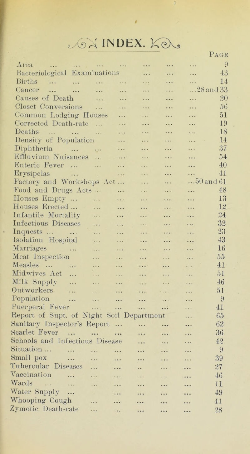 INDEX. KeX, Area 1ja<;e 9 Bacteriological Examinations 43 Births 14 Cancer ...28 and 33 Causes of Death 21) Closet Conversions 56 Common Lodging Houses 51 Corrected Death-rate ... 19 Deaths 18 Density of Population 14 Diphtheria 37 Effluvium Nuisances 54 Enteric Fever ... 40 Erysipelas 41 Factory and Workshops Act... ...50 and 61 Food and Drugs Acts .. 48 Houses Empty ... 13 Houses Erected ... 12 Infantile Mortality 24 Infectious Diseases 32 Inquests ... 23 Isolation Hospital 43 Marriages 16 Meat Inspection 55 Measles ... 41 Mid wives Act ... 51 Milk Supply 46 Outworkers 51 Population 9 Puerperal Fever 41 Report of Supt. of Night Soil Department 65 Sanitary Inspector’s Report ... 62 Scarlet Fever 36 Schools and Infectious Disease 42 Situation ... 9 Small pox 39 Tubercular Diseases ... 27 Vaccination 46 Wards 11 Water Supply ... 49 Whooping Cough 41 Zymotic Death-rate 28