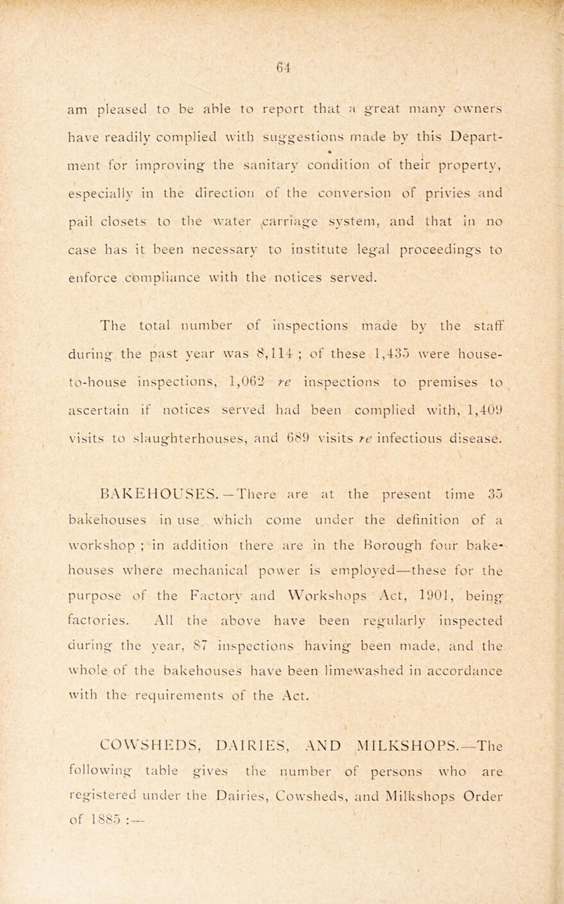 am pleased to be able to report that a great many owners have readily complied with suggestions made by this Depart- ment for improving the sanitary condition of their property, especiallv in the direction of the conversion of privies and pail closets to the water ^carriage system, and that in no case has it been necessary to institute leg'al proceedings to enforce compliance with the notices served. The total number of inspections made by the staff during the past year was 8,114 ; of these 1,435 were house- to-house inspections, 1,062 re inspections to premises to ascertain if notices served had been complied with, 1,409 visits to slaughterhouses, and 689 visits re infectious disease. BAKEHOUSES.—There are at the present time 35 bakehouses in use which come under the definition of a workshop ; in addition there are in the Borough four bake- houses where mechanical power is employed—these for the purpose of the Factory and Workshops Act, 1901, being factories. All the above have been regidarly inspected during the year, 87 inspections having been made, and the whole of the bakehouses have been limewashed in accordance with the requirements of the Act. COWSHEDS, DAIRIES, AND MILKSHOPS.—The i foil owing' table gives the number of persons who are registered under the Dairies, Cowsheds, and Milkshops Order